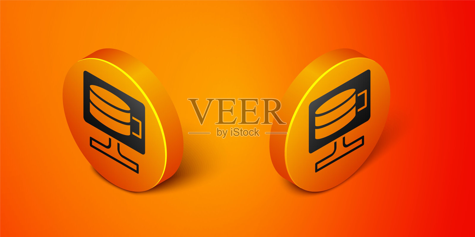 在橙色背景上隔离的等距云数据库图标。云计算的概念。具有数据传输功能的数字服务或应用程序。橙色圆按钮。向量插画图片素材