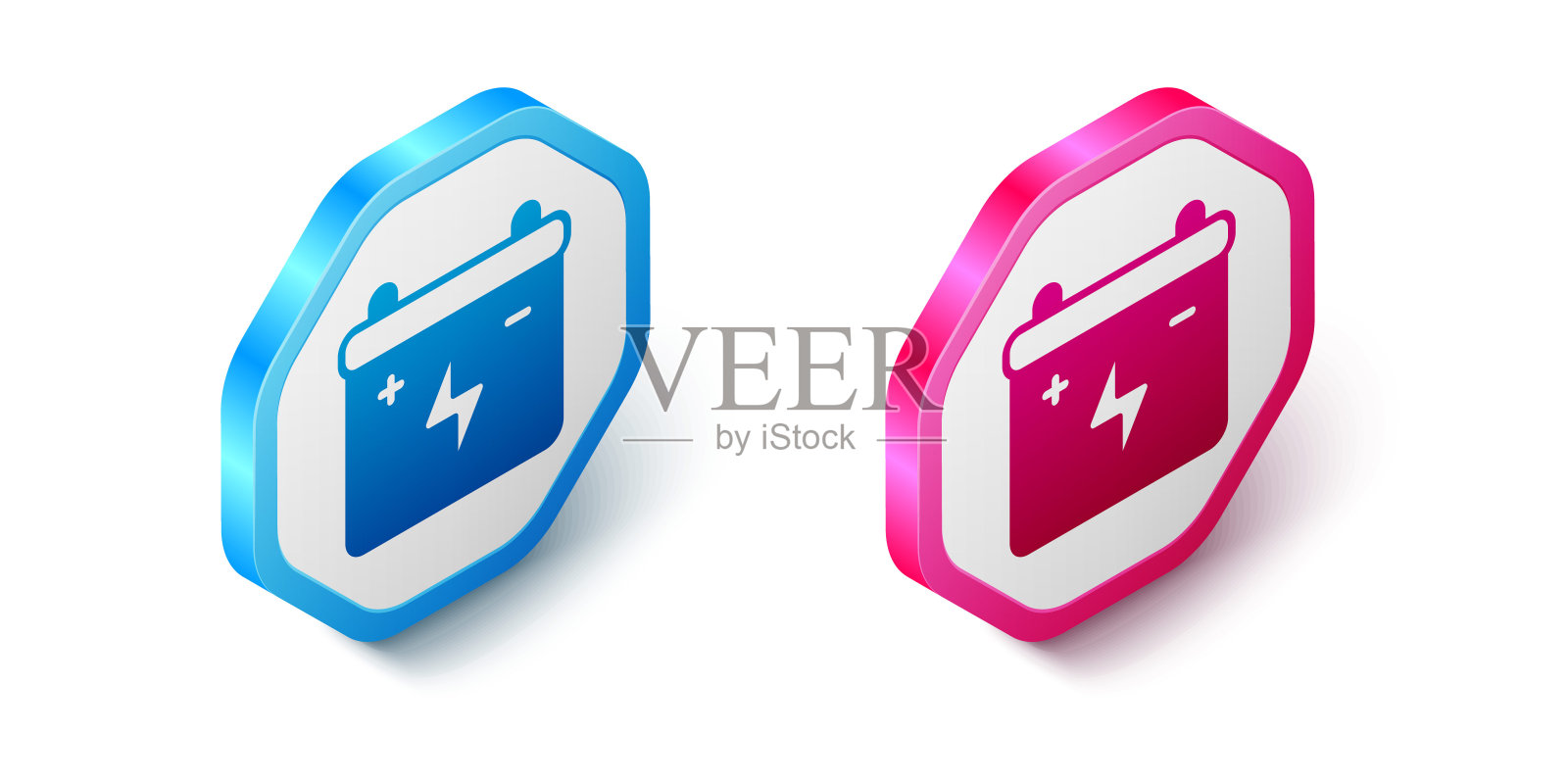 等距汽车电池图标孤立在白色背景上。蓄能器蓄电池能量动力和蓄能器蓄电池电能。六角按钮。向量图标素材