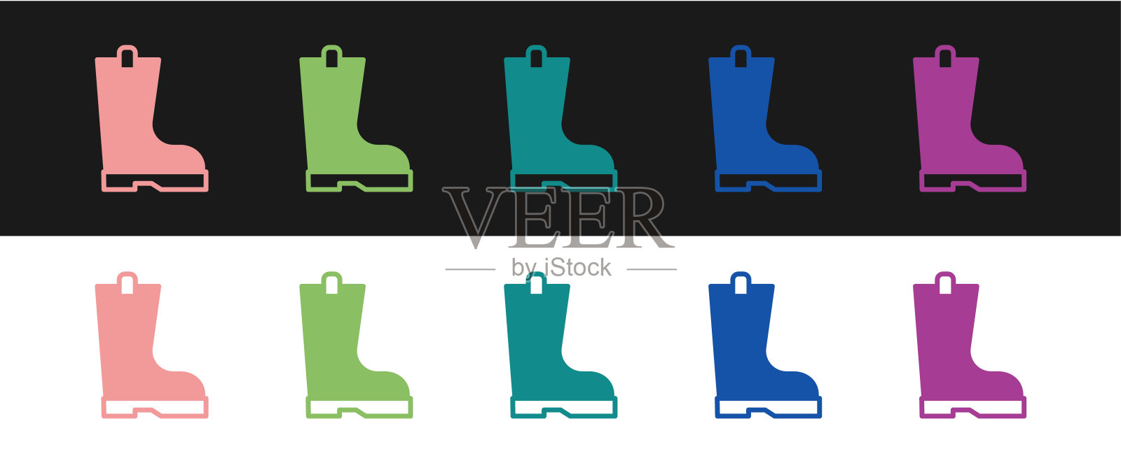 设置防水橡胶靴图标孤立在黑白背景上。雨天穿胶靴，钓鱼，园艺。向量插画图片素材