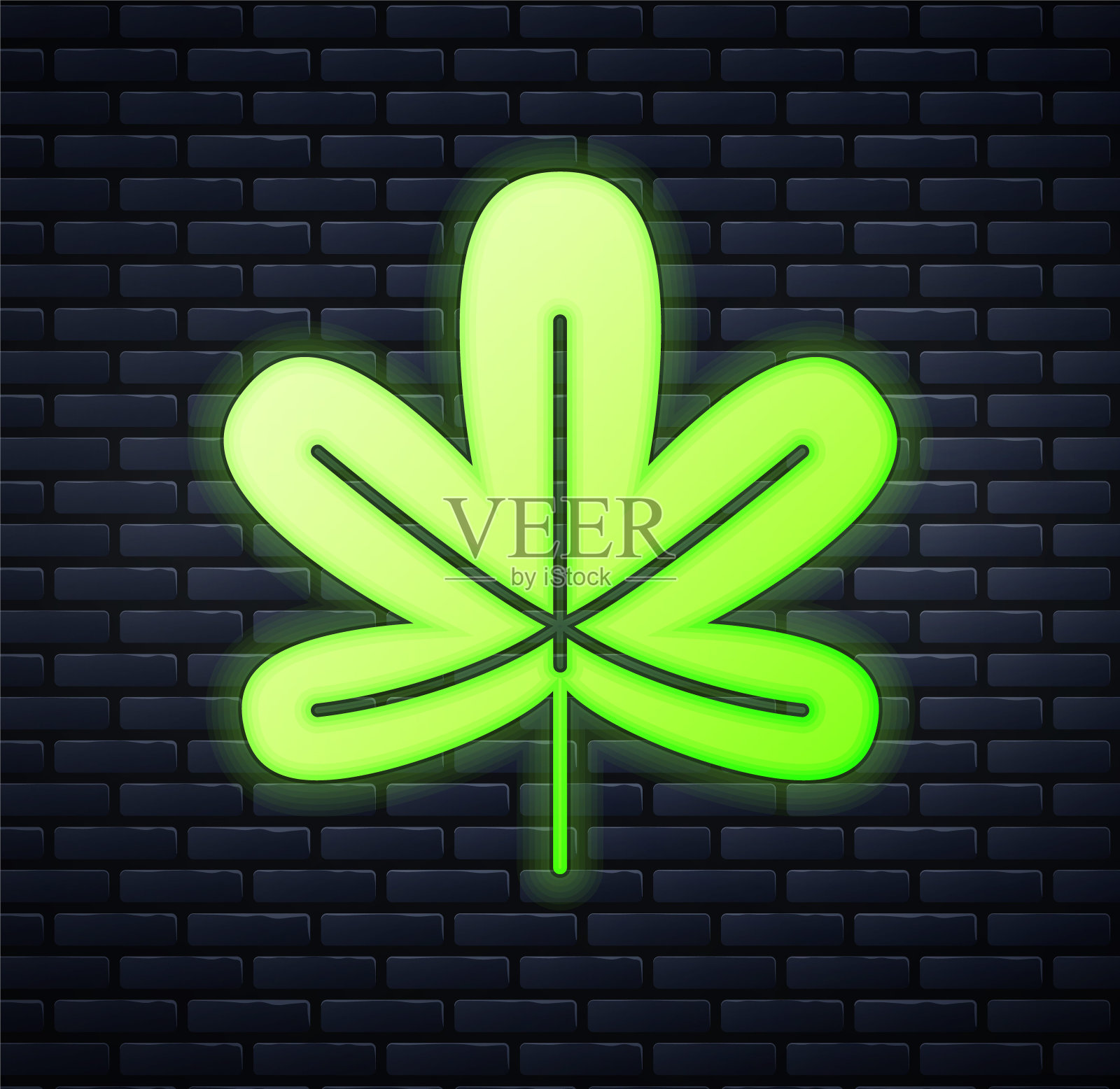 发光的栗色叶子图标孤立在砖墙背景上。向量插画图片素材