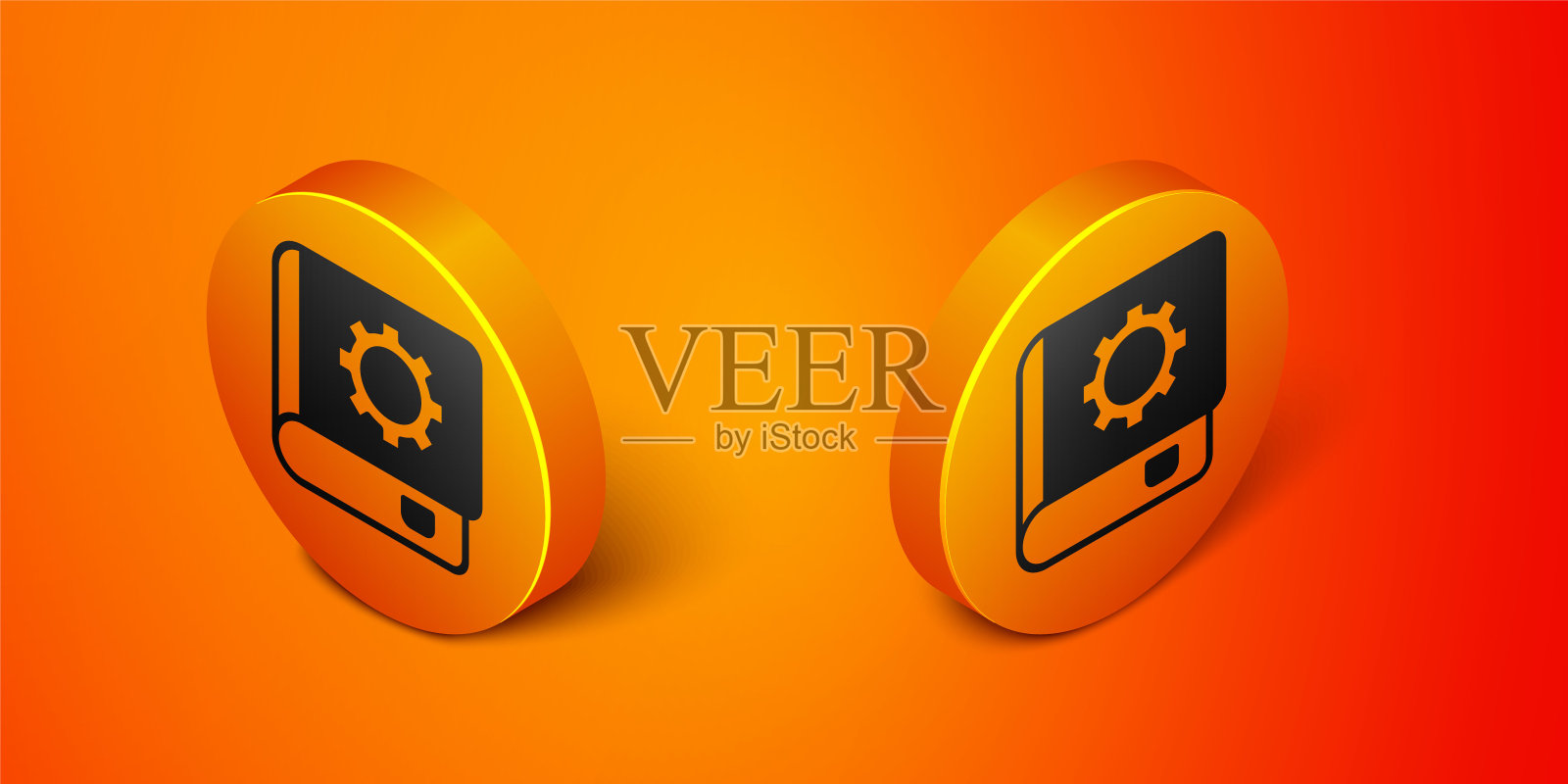 等距用户手动图标孤立在橙色背景。用户指南书。指令信号。在使用前阅读。橙色圆按钮。向量图标素材