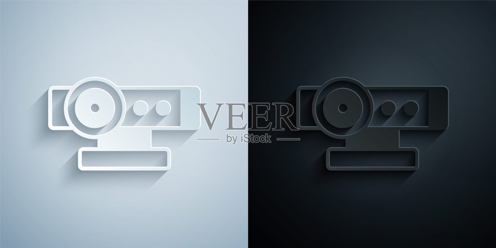 剪纸Web相机图标孤立的灰色和黑色背景。摄像头聊天。摄像头图标。纸艺术风格。向量插画图片素材