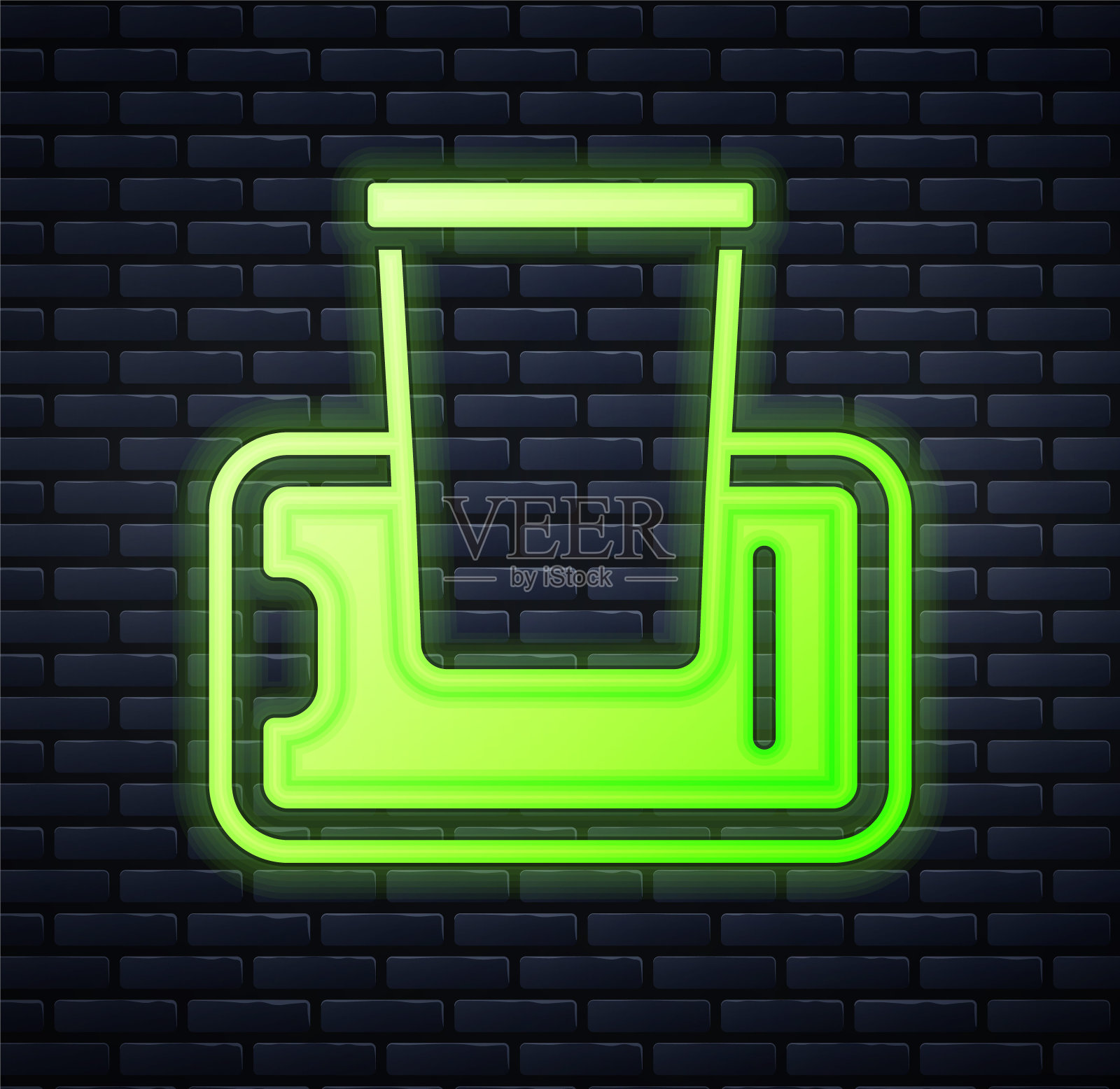 发光的霓虹灯手机上的食物订购图标孤立在砖墙背景上。手机订购。餐厅送餐理念。向量插画图片素材