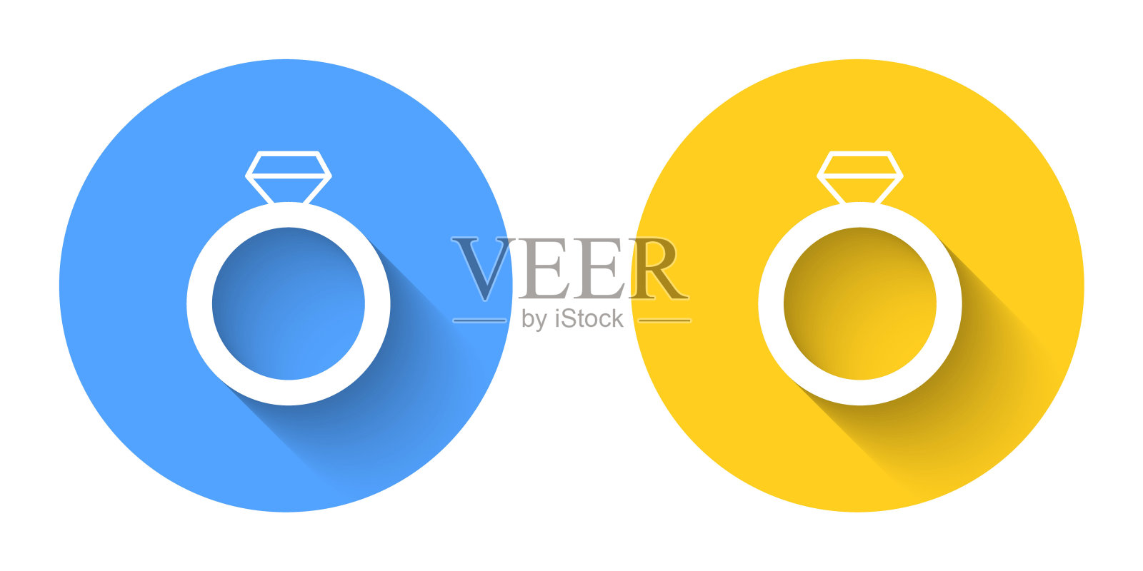 白色钻石订婚戒指图标孤立与长阴影背景。圆按钮。向量图标素材