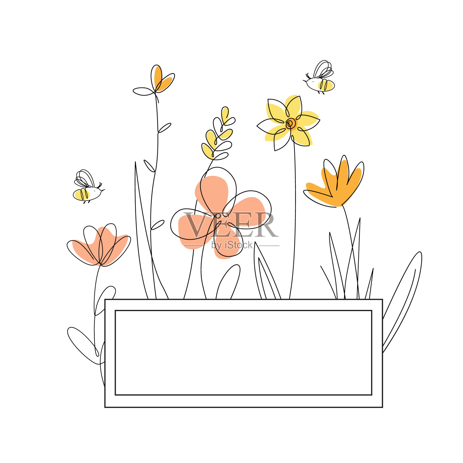 长方形框架，上面有蜜花和蜜蜂。卡通矢量插图，连续线画风格插画图片素材