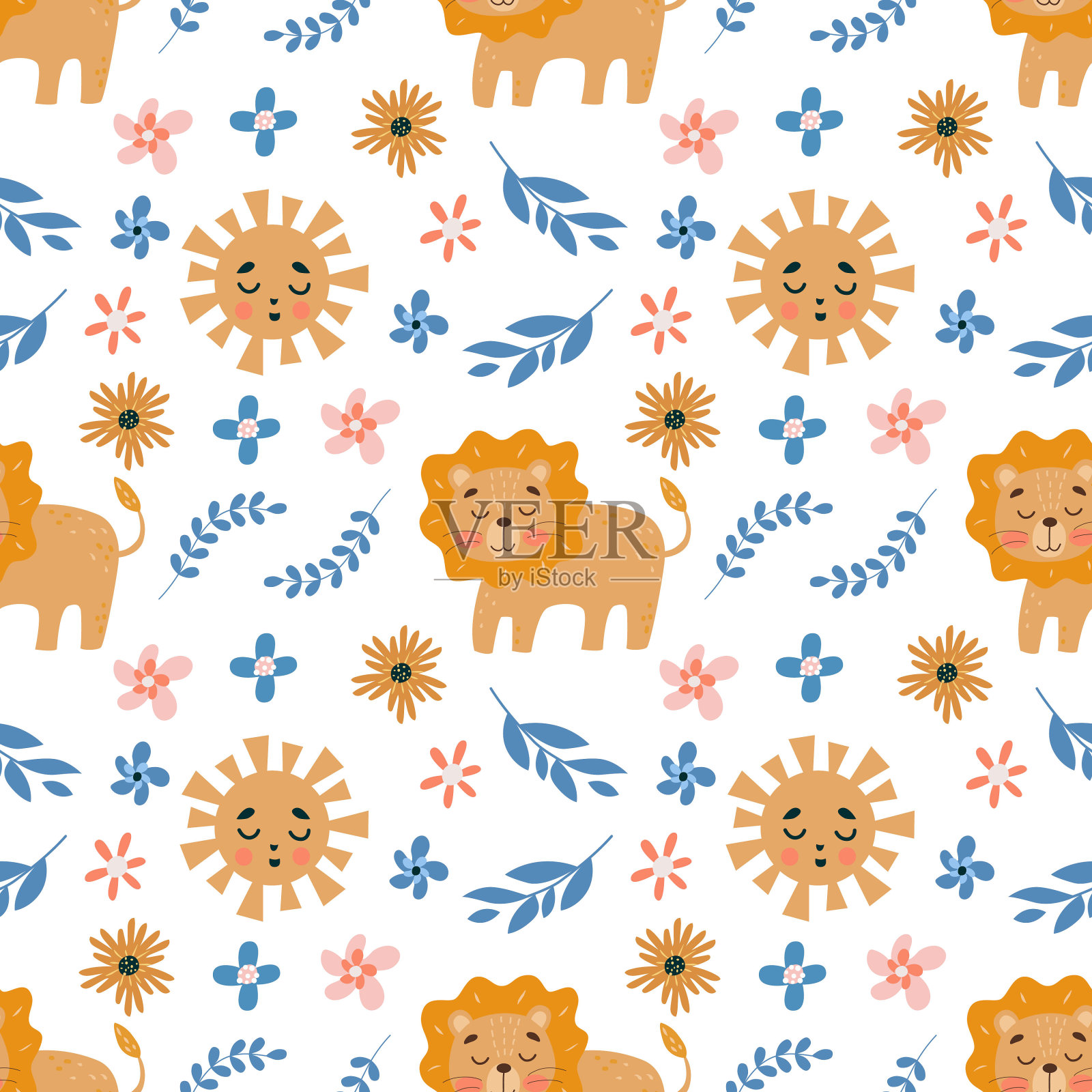 动物无缝图案，可爱的狮子，太阳，花和其他图形元素插画图片素材