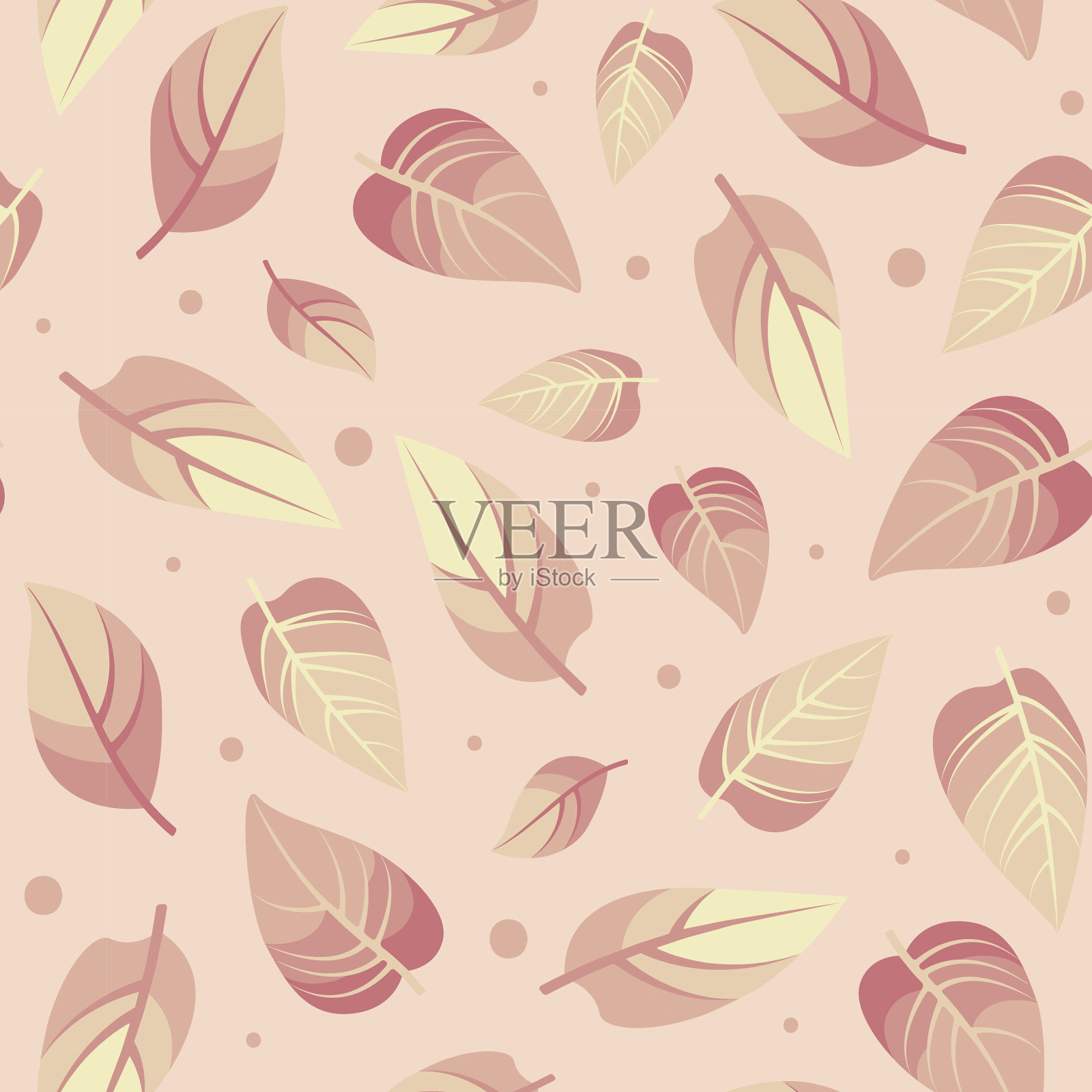 向量无缝春天模式与粉彩粉红色落叶粉红色背景与不同大小的点。插画图片素材