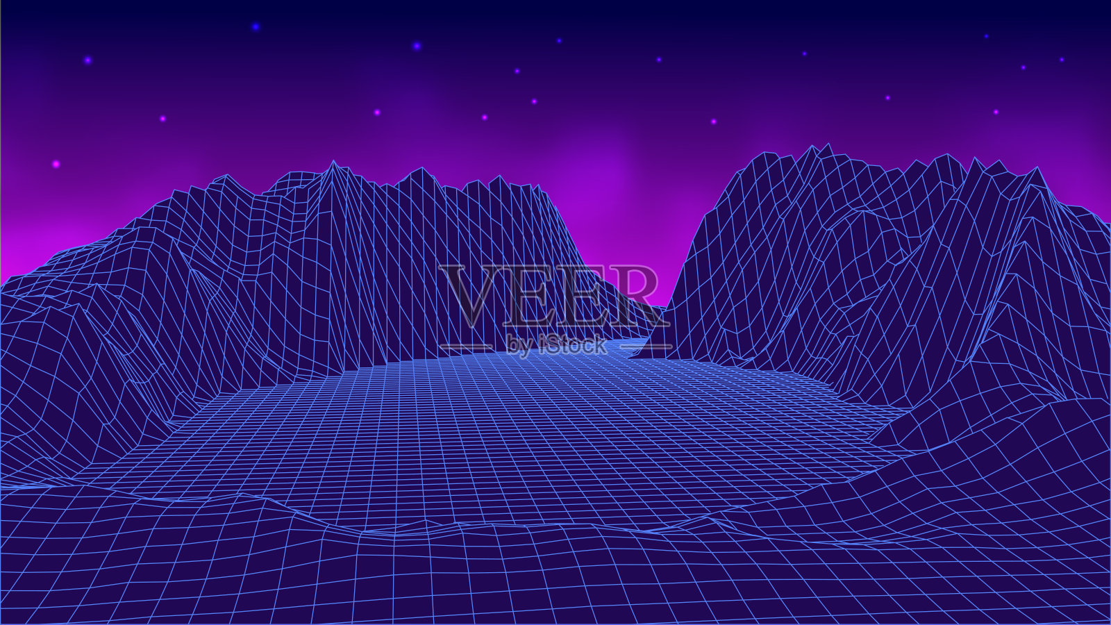 线框景观背景。80年代的数字复古景观风格。网络空间网格。矢量插图。插画图片素材