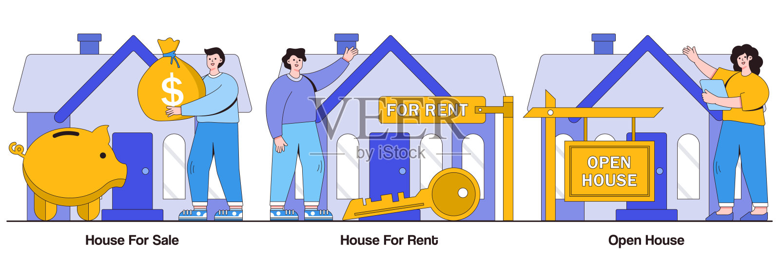 房屋出售，出租和开放的房子图文并茂插画图片素材