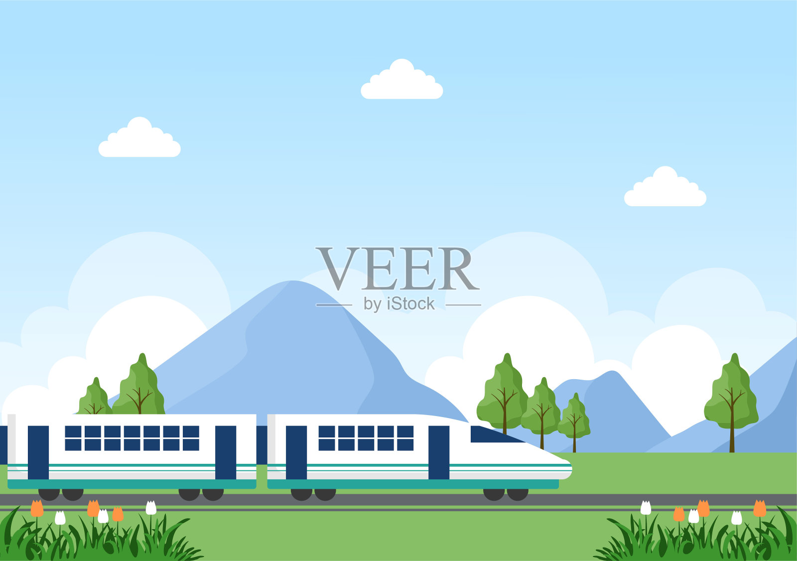 在平坦的海报插图背景的山或海的火车的视图插画图片素材