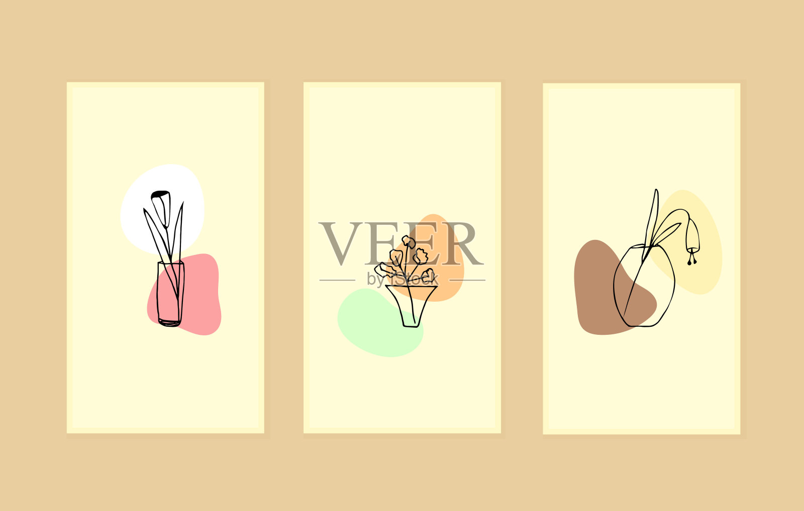 花瓶上有植物和花，并带有多色斑点。插画图片素材