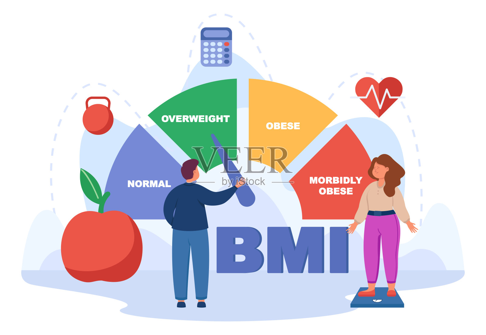 女孩站在比例平面矢量插图插画图片素材
