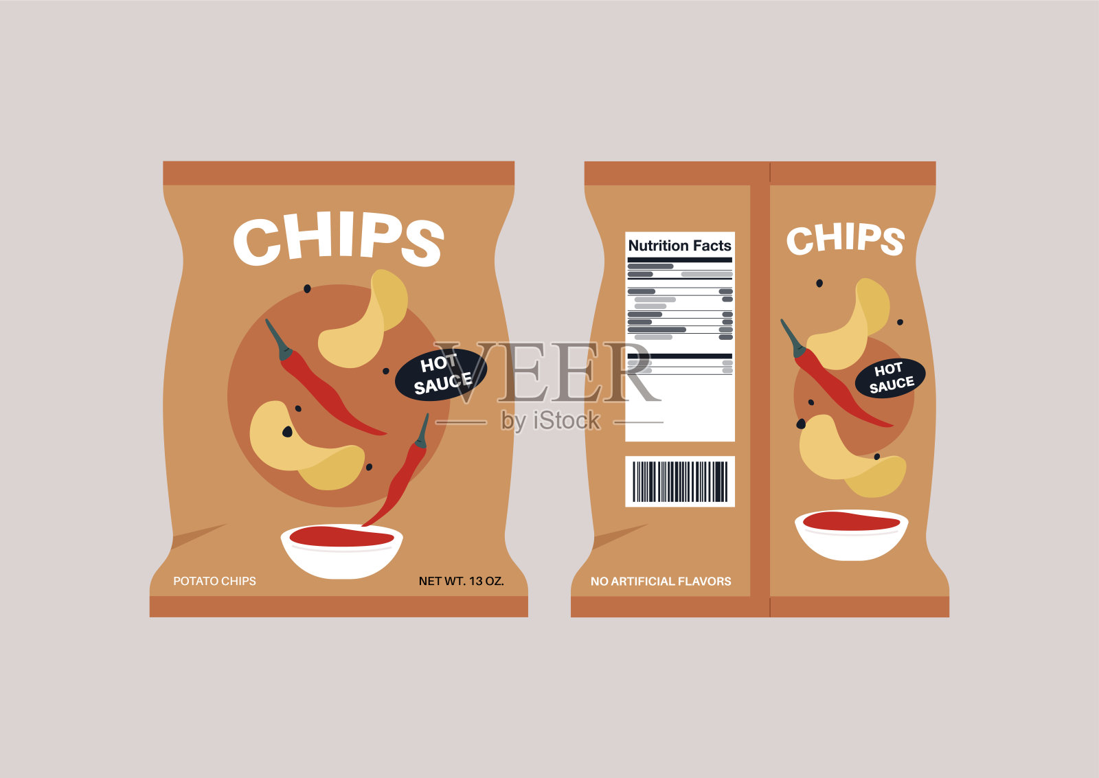 一袋麻辣薯片，背面和正面都有营养标签，都是不健康零食插画图片素材