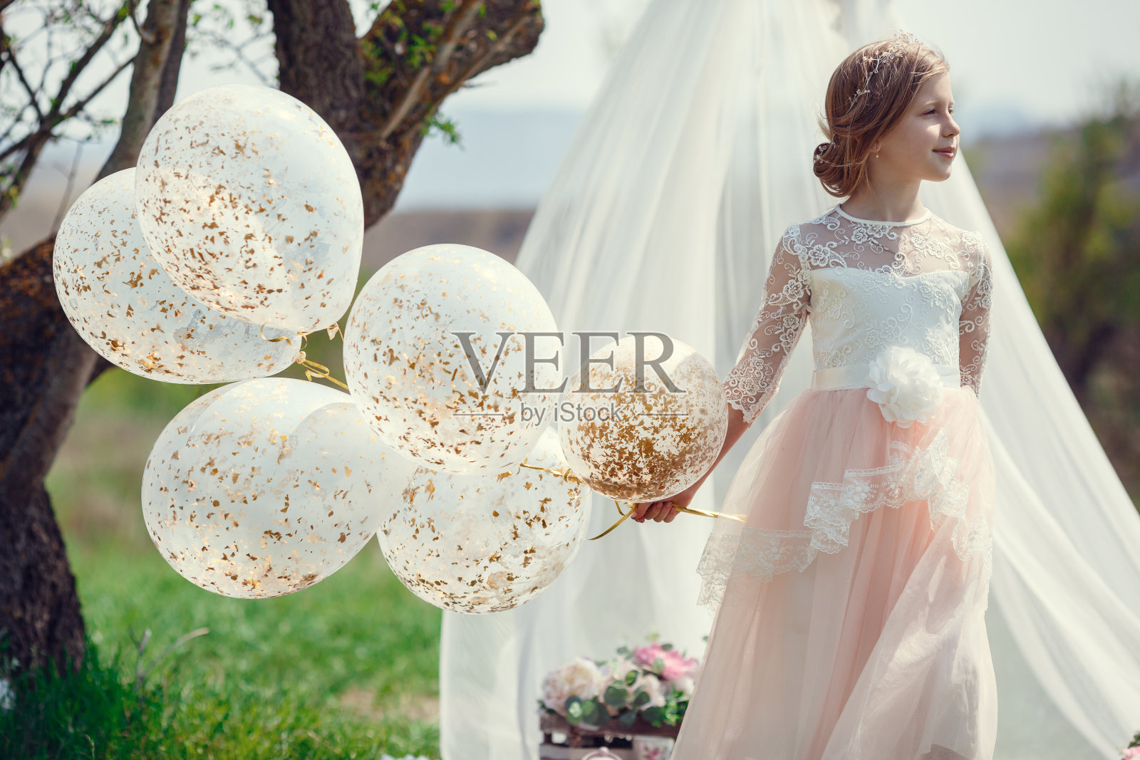 一个金发的欧洲小女孩穿着漂亮的裙子，在田野的风景附近摆姿势。照片摄影图片