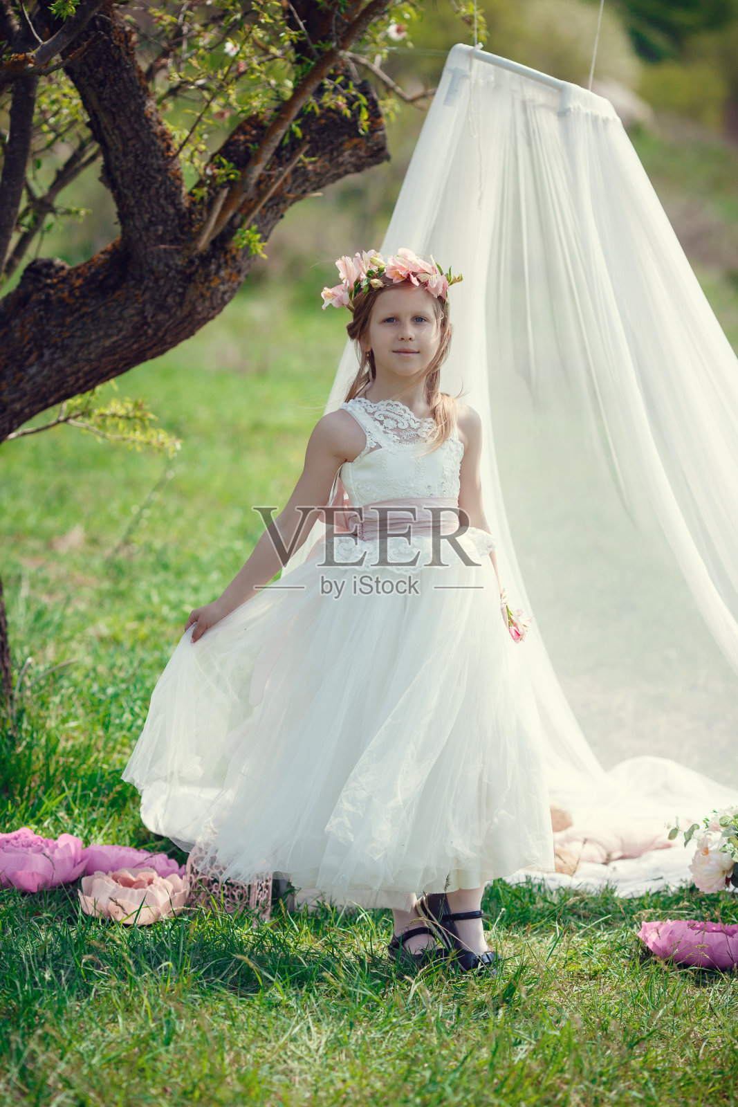 一个金发的欧洲小女孩穿着漂亮的裙子，在田野的风景附近摆姿势。照片摄影图片