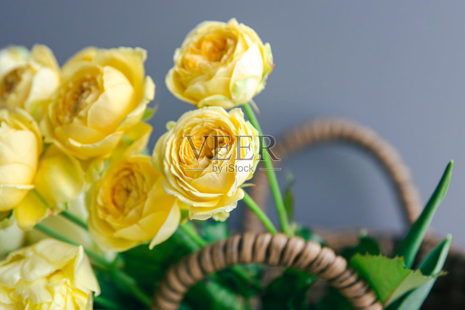 黄色的春花在篮子里的特写。照片摄影图片