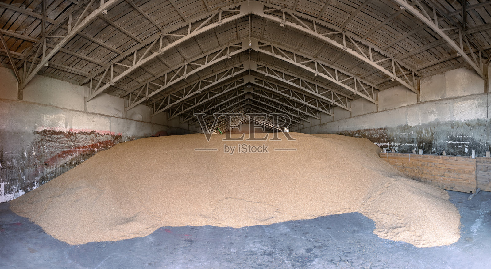 在磨坊仓库或谷物提升机上的小麦颗粒堆。食品市场上的主要商品类别。照片摄影图片