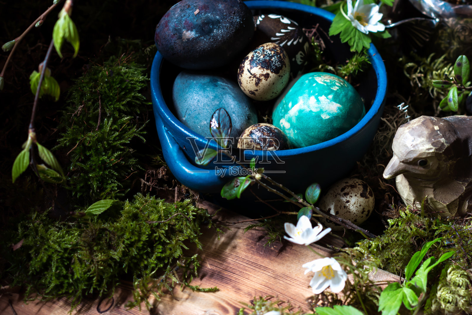 彩色复活节蛋在蓝色碟与背景与芽，苔藓和银莲花(风花)在木制背景的树枝照片摄影图片
