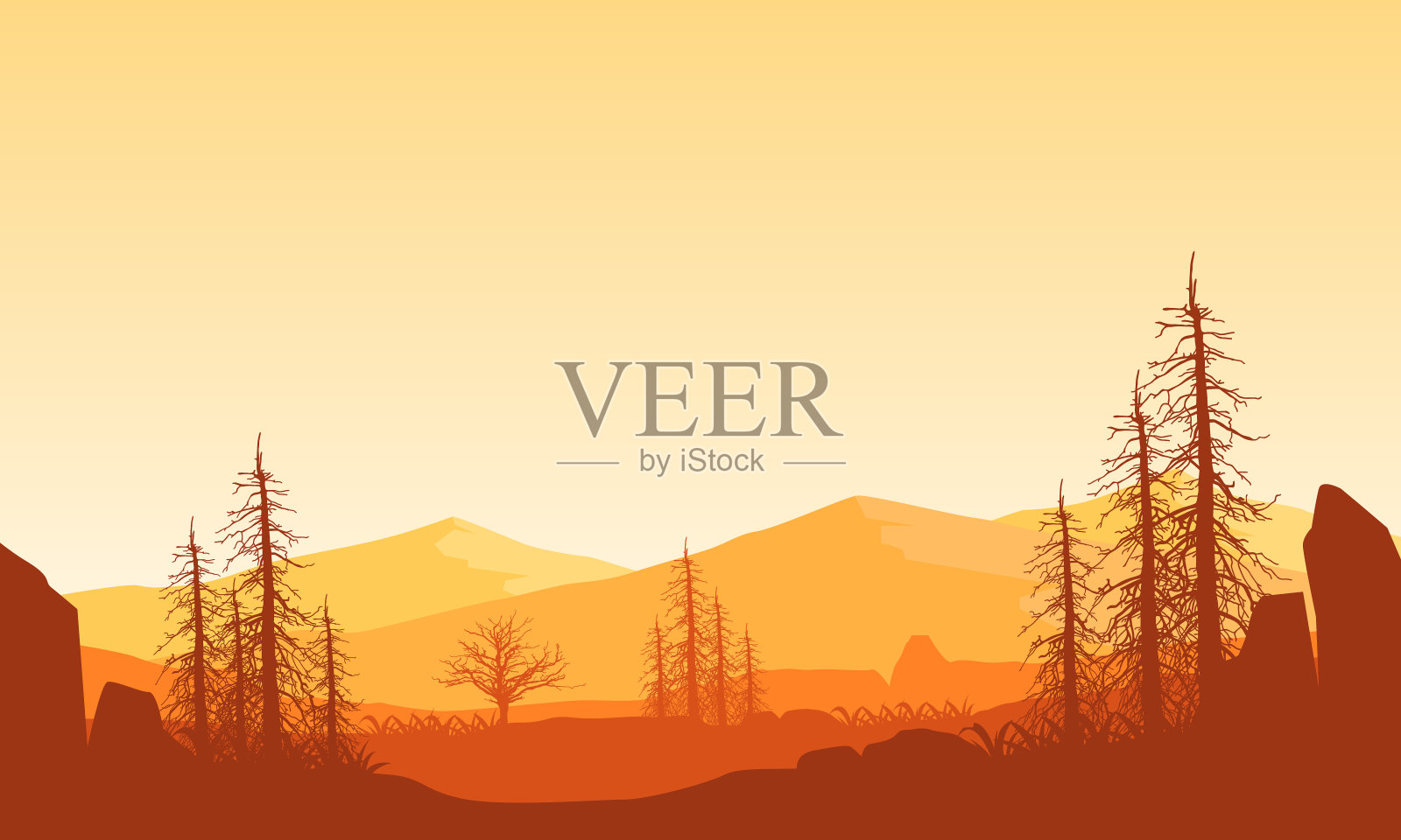 在白天的乡村，山脉的全景与奇妙的干树剪影插画图片素材