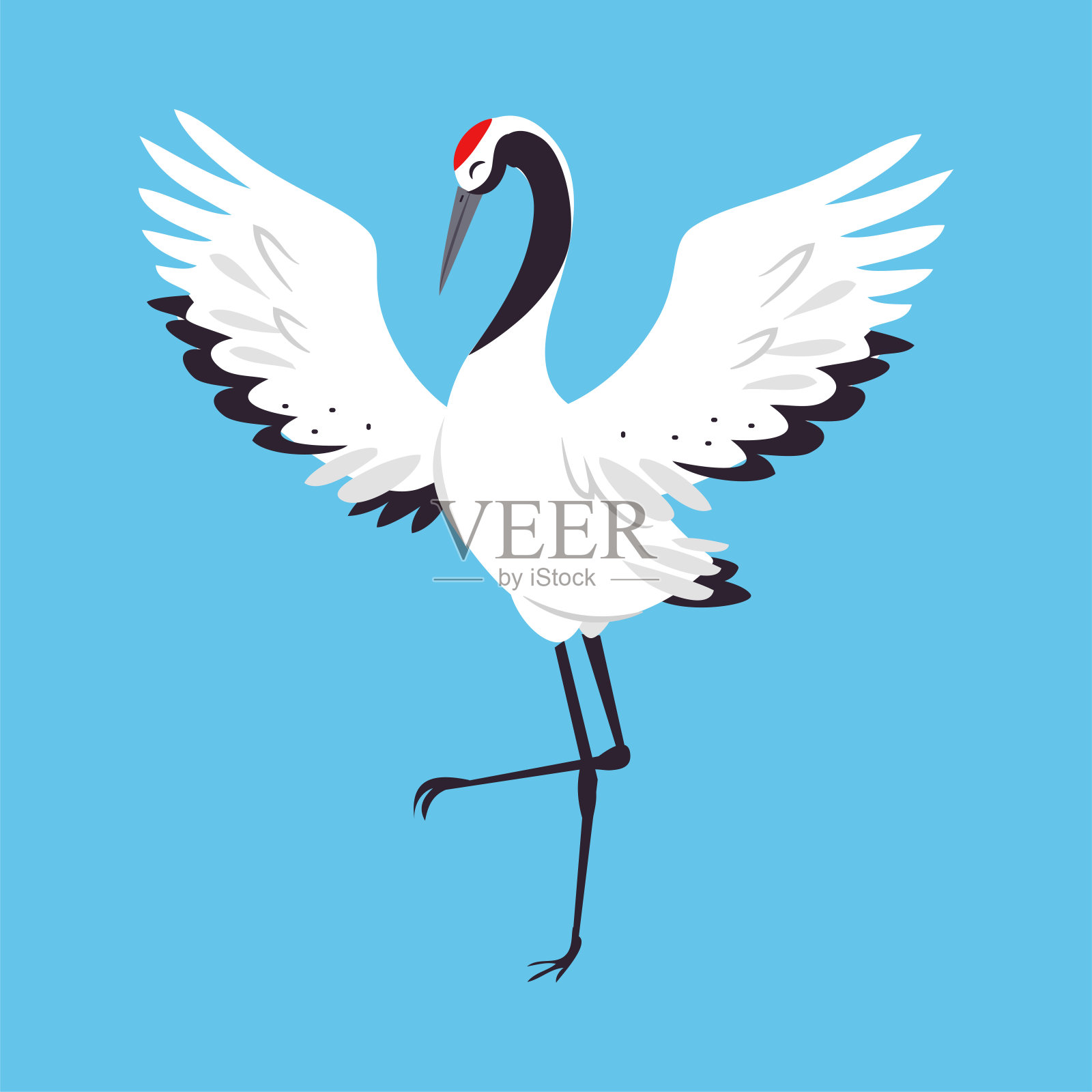 红冠鹤作为长腿和长颈鸟站与展开的翅膀在蓝色背景向量插图插画图片素材