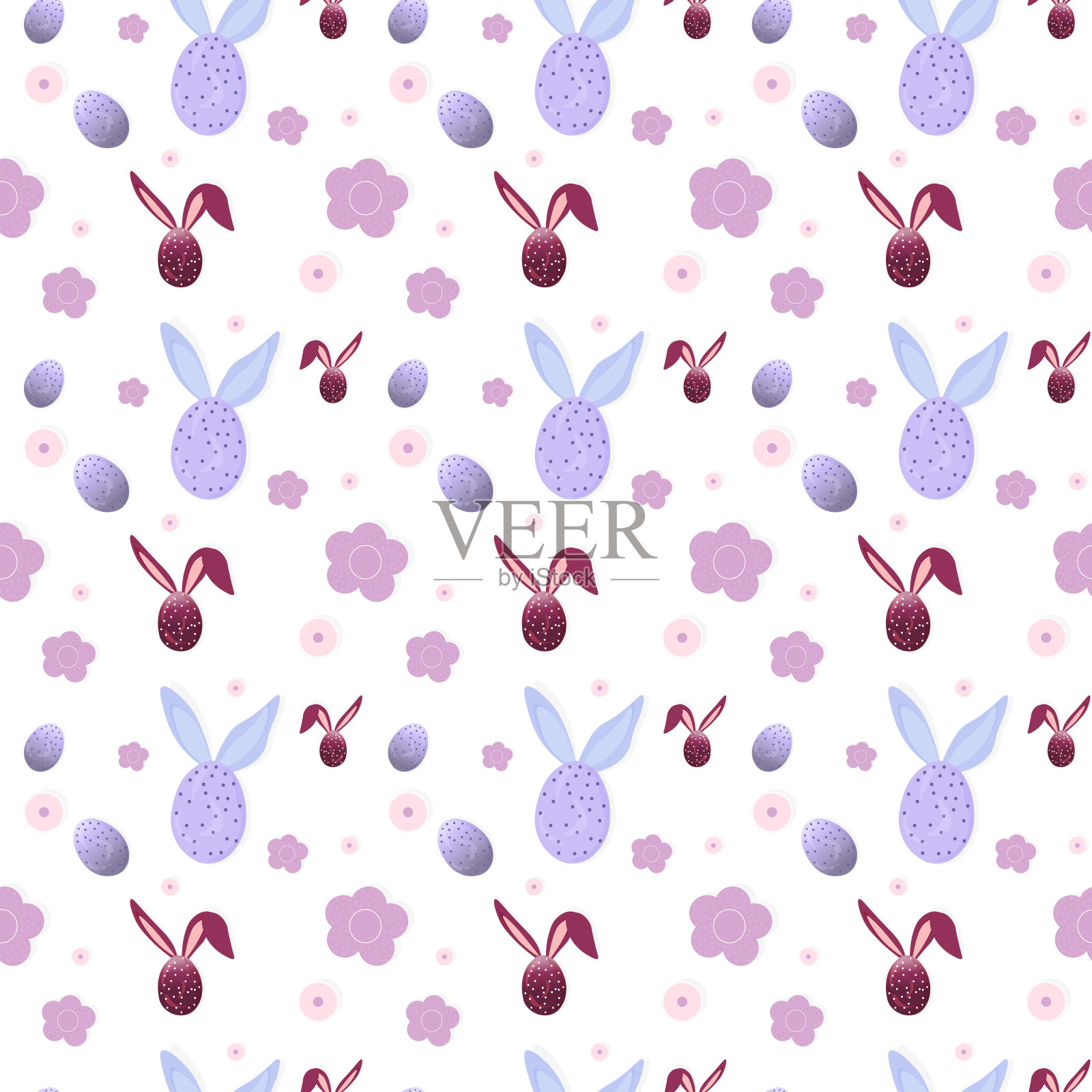 矢量复活节图案，复活节彩蛋与兔子耳朵和花。插画图片素材