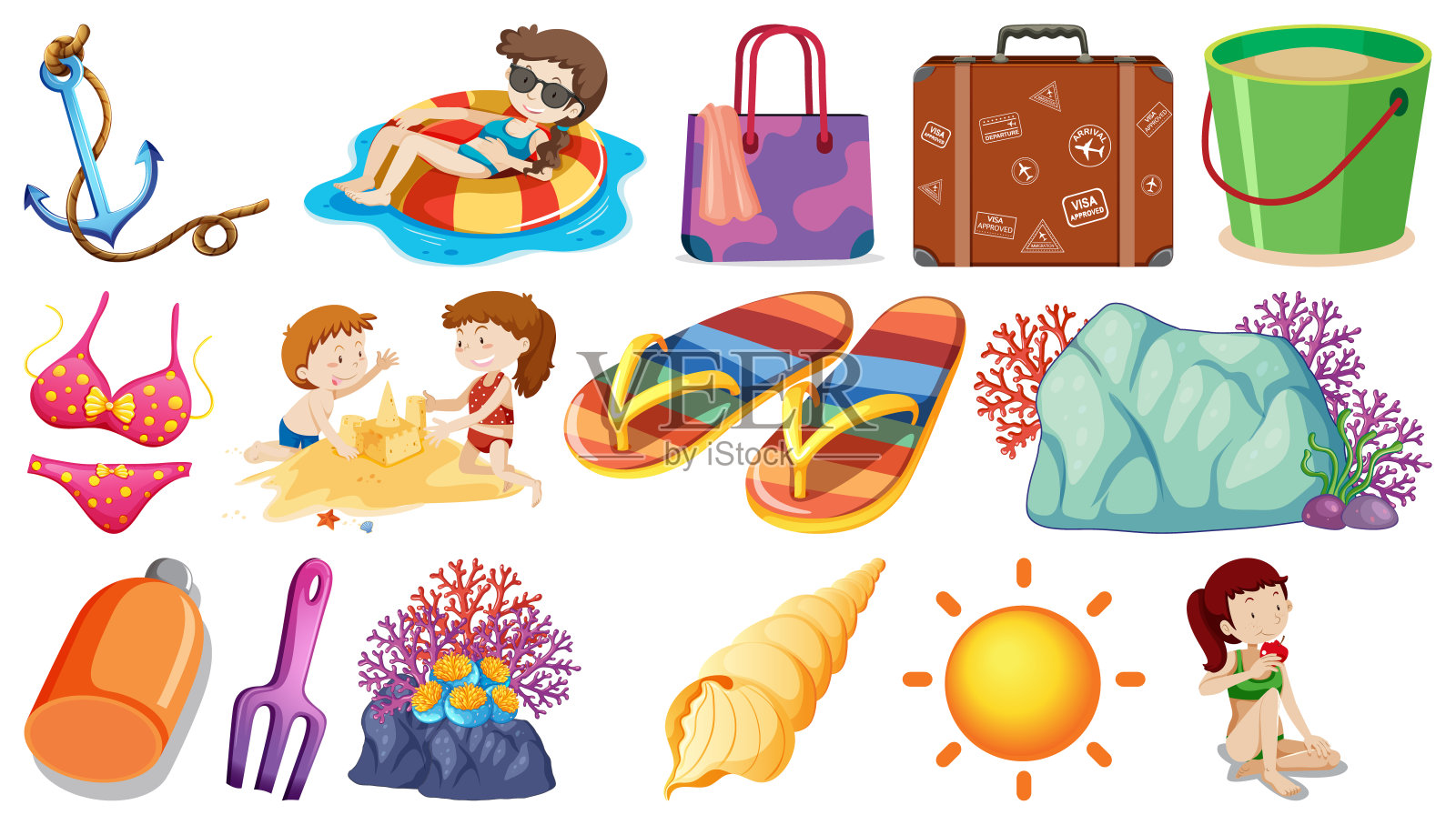 夏天的海滩对象和卡通人物的集合插画图片素材