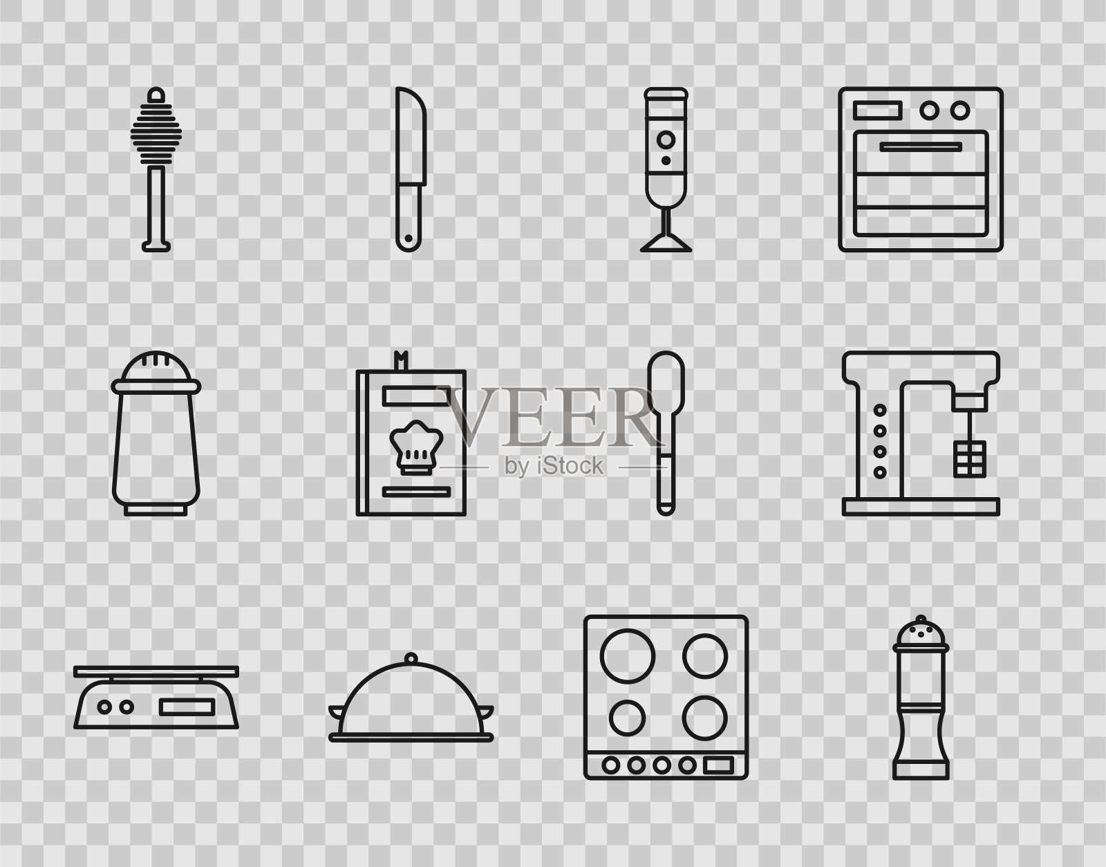 设置线电子秤，胡椒，搅拌机，覆盖托盘的食物，蜂蜜勺棒，烹饪书，煤气炉和电动搅拌机图标。向量图标素材