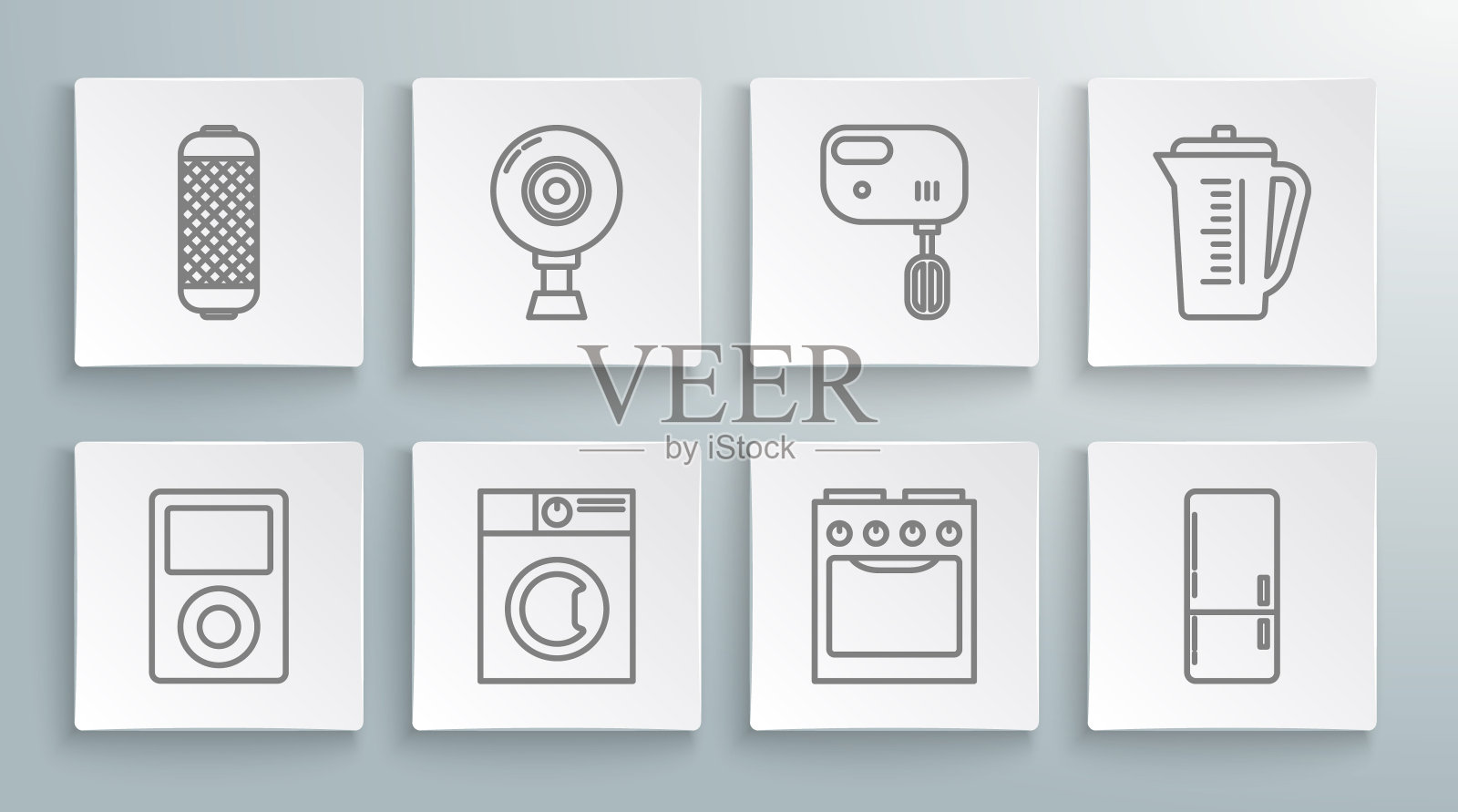 设置线音乐播放器，网络摄像头，洗衣机，烤箱，冰箱，电动搅拌器，量杯和立体声扬声器图标。向量图标素材