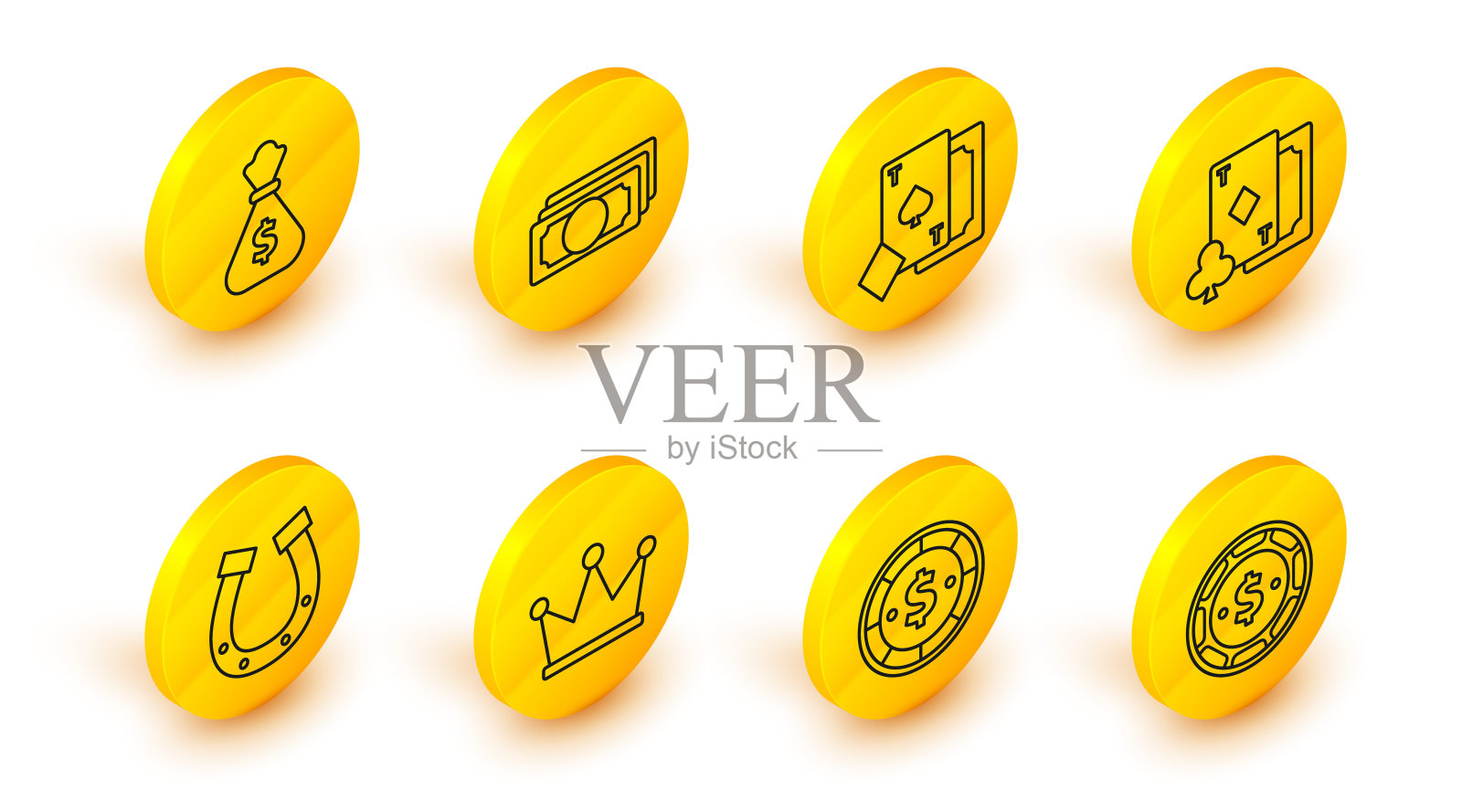 设置线赌场筹码与美元，皇冠，马蹄铁，纸牌钻石，黑桃，叠纸钱现金和钱袋图标。向量图标素材