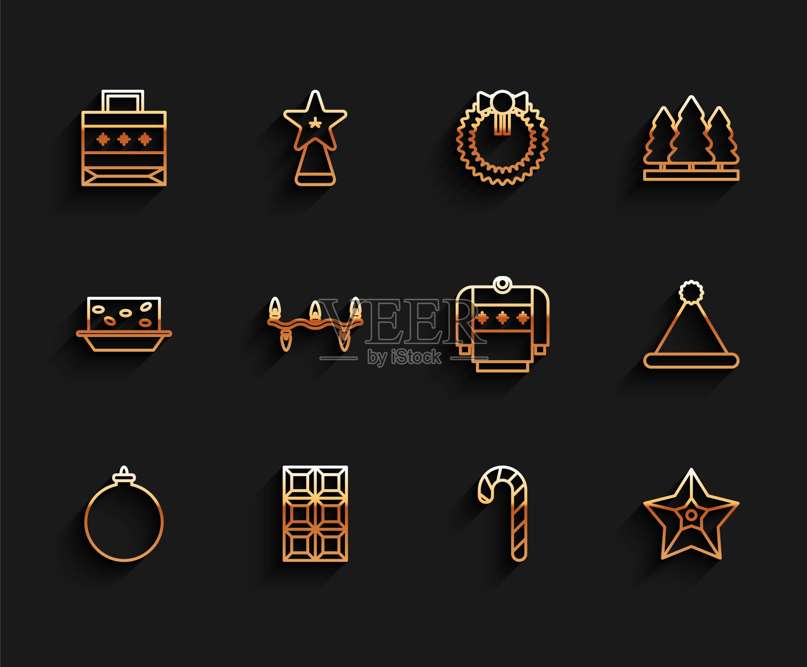 设置线圣诞球，巧克力棒，纸袋，带条纹的糖果棒，星星，彩灯，圣诞老人的帽子和毛衣图标。向量图标素材