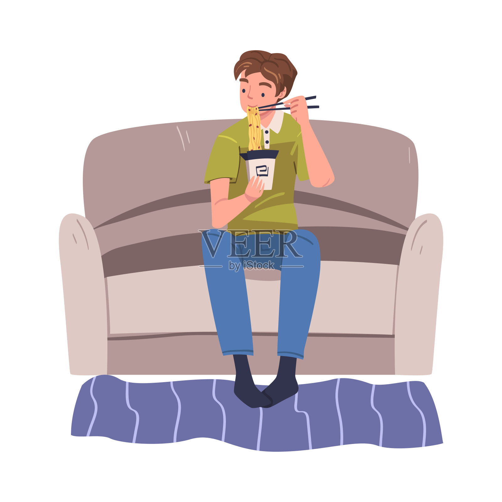 男人性格吃食物在家里坐在沙发上面条和筷子矢量插图插画图片素材