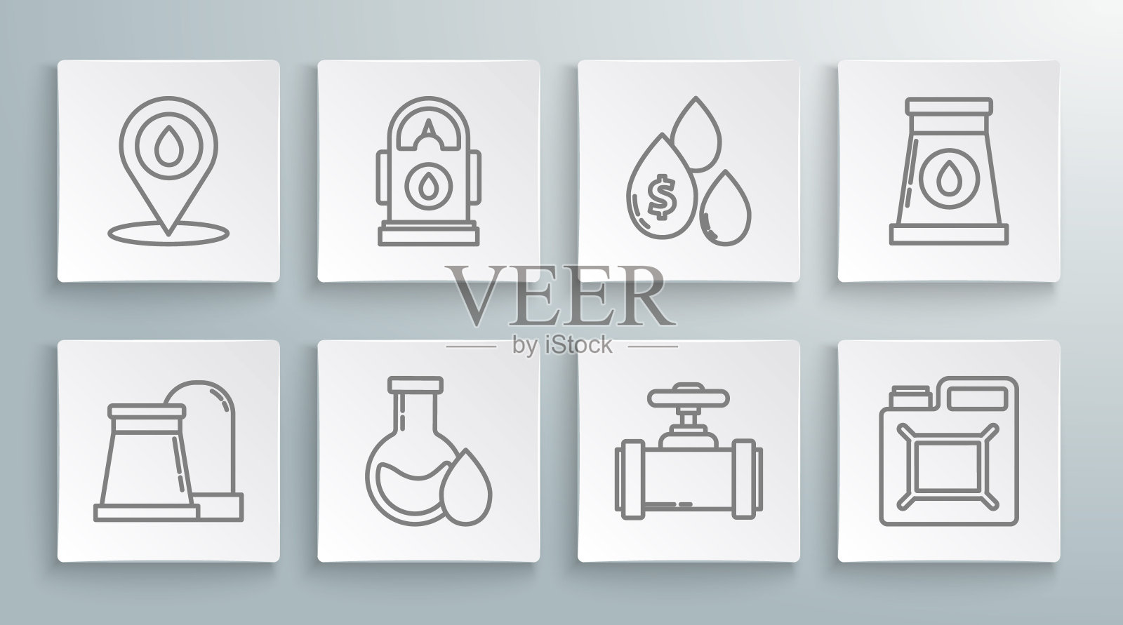 设置油气工业厂房、汽油试管、工业金属管阀门、汽油罐、带美元符号的滴油器、加油位置图标。向量图标素材
