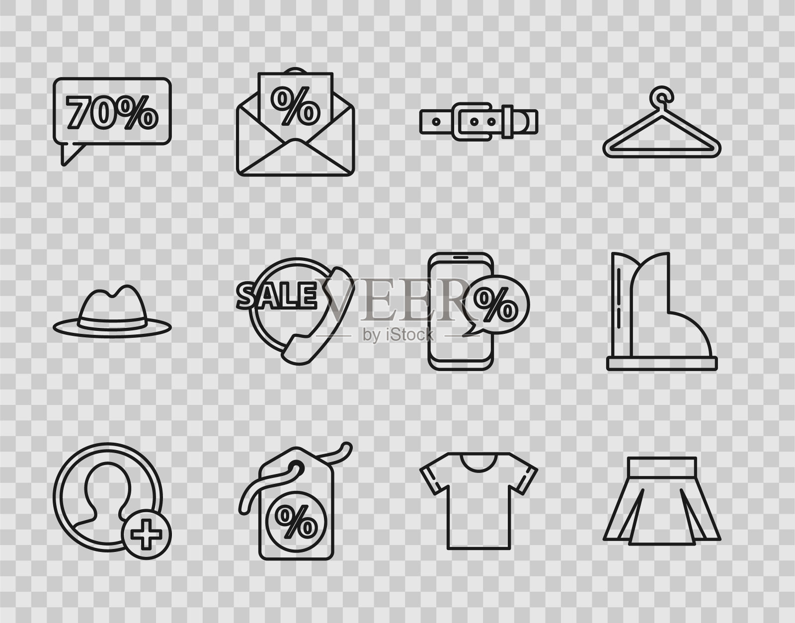 设置线创建帐户屏幕，裙子，皮带，折扣百分比标签，70折扣，电话24小时支持，t恤和防水橡胶靴图标。向量图标素材