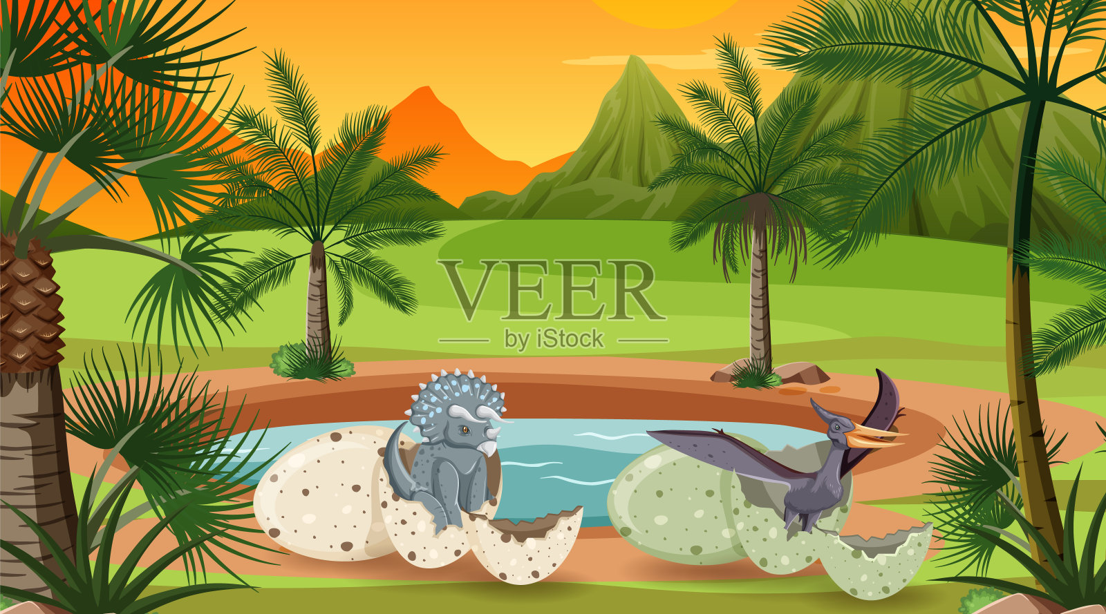 史前森林中的恐龙插画图片素材