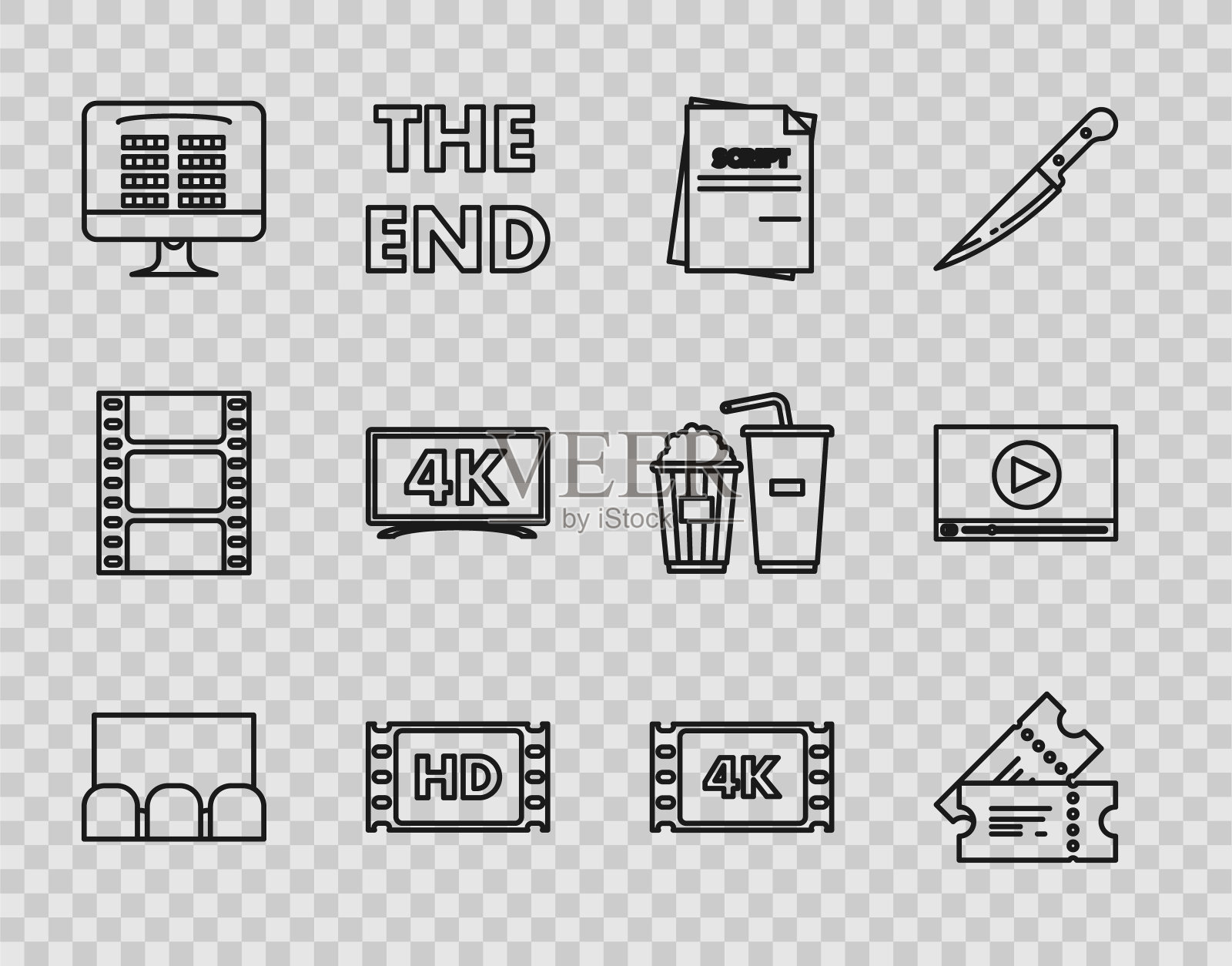 设置线，电影票，场景，4k电影，磁带，帧，在线购买电影院，在线播放视频图标。向量插画图片素材