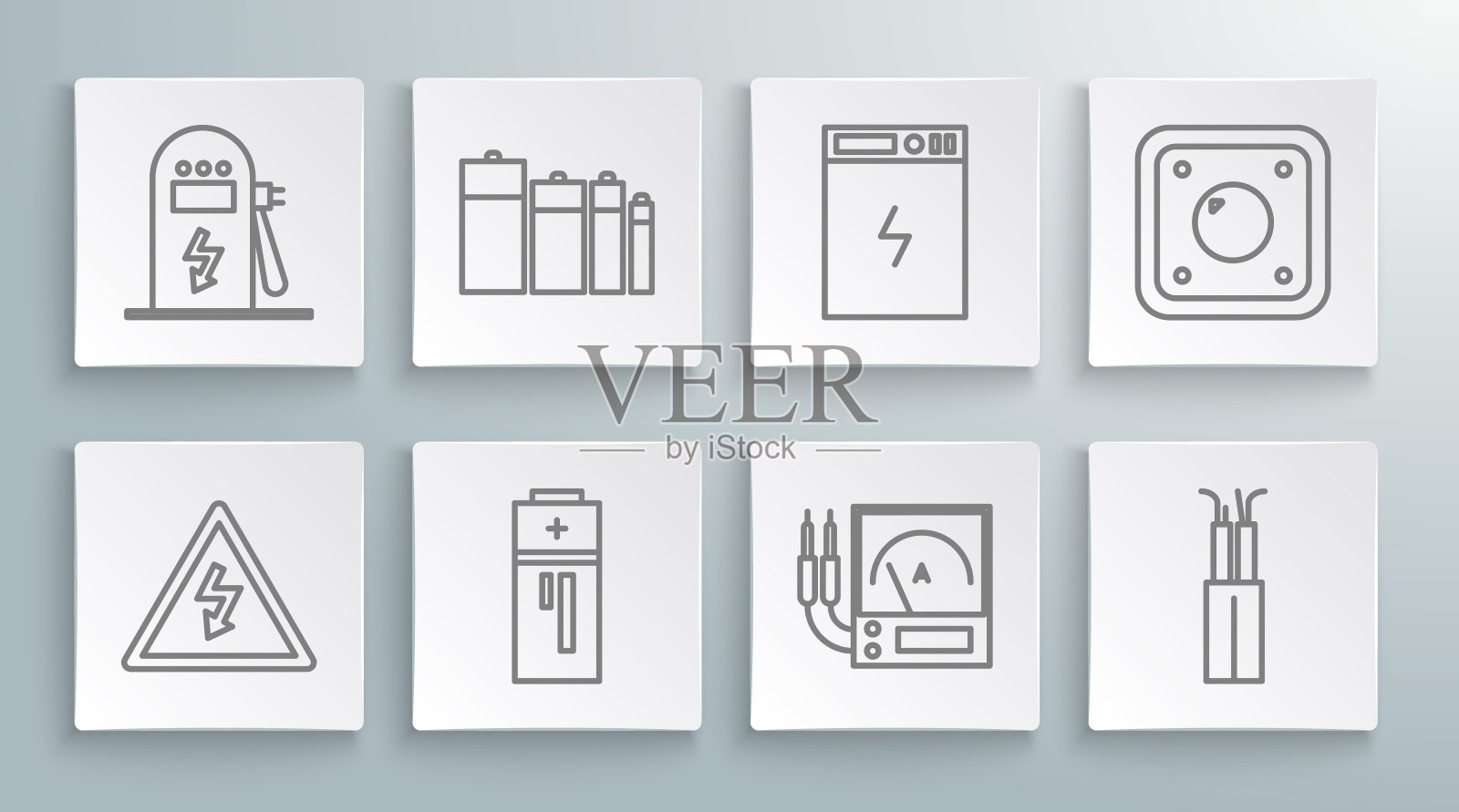 设置线路高压标志、电池、安培表、万用表、电压表、电缆、电源、电灯开关、汽车充电站图标。向量图标素材
