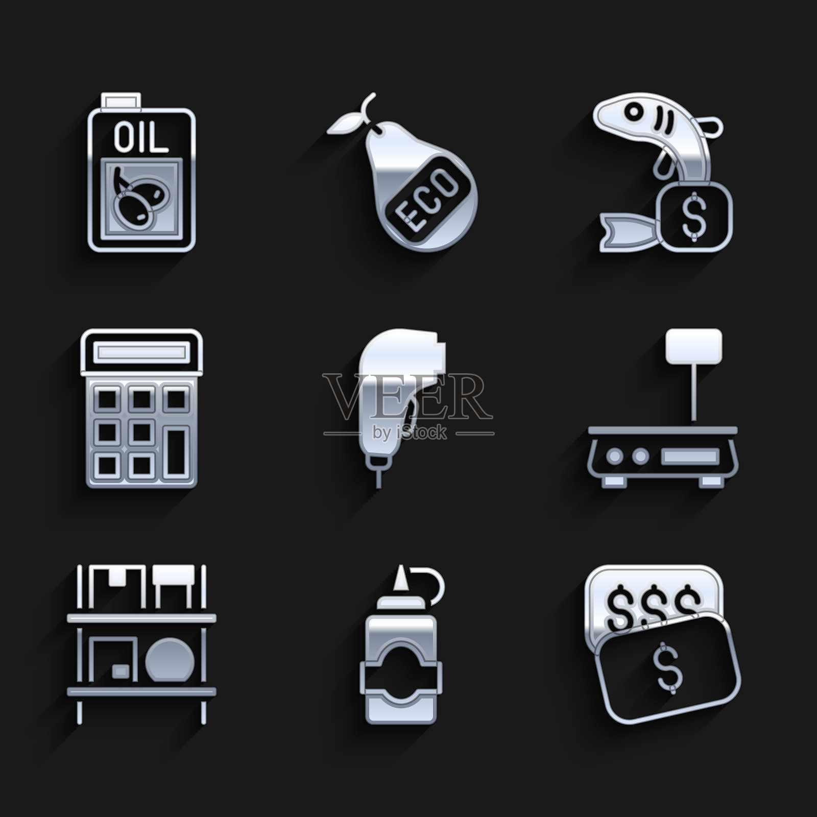 设置扫描仪扫描条形码，酱汁瓶，新的价格标签美元，电子秤，仓库内部与盒子，计算器，鱼的价格和橄榄油的瓶子图标。向量图标素材