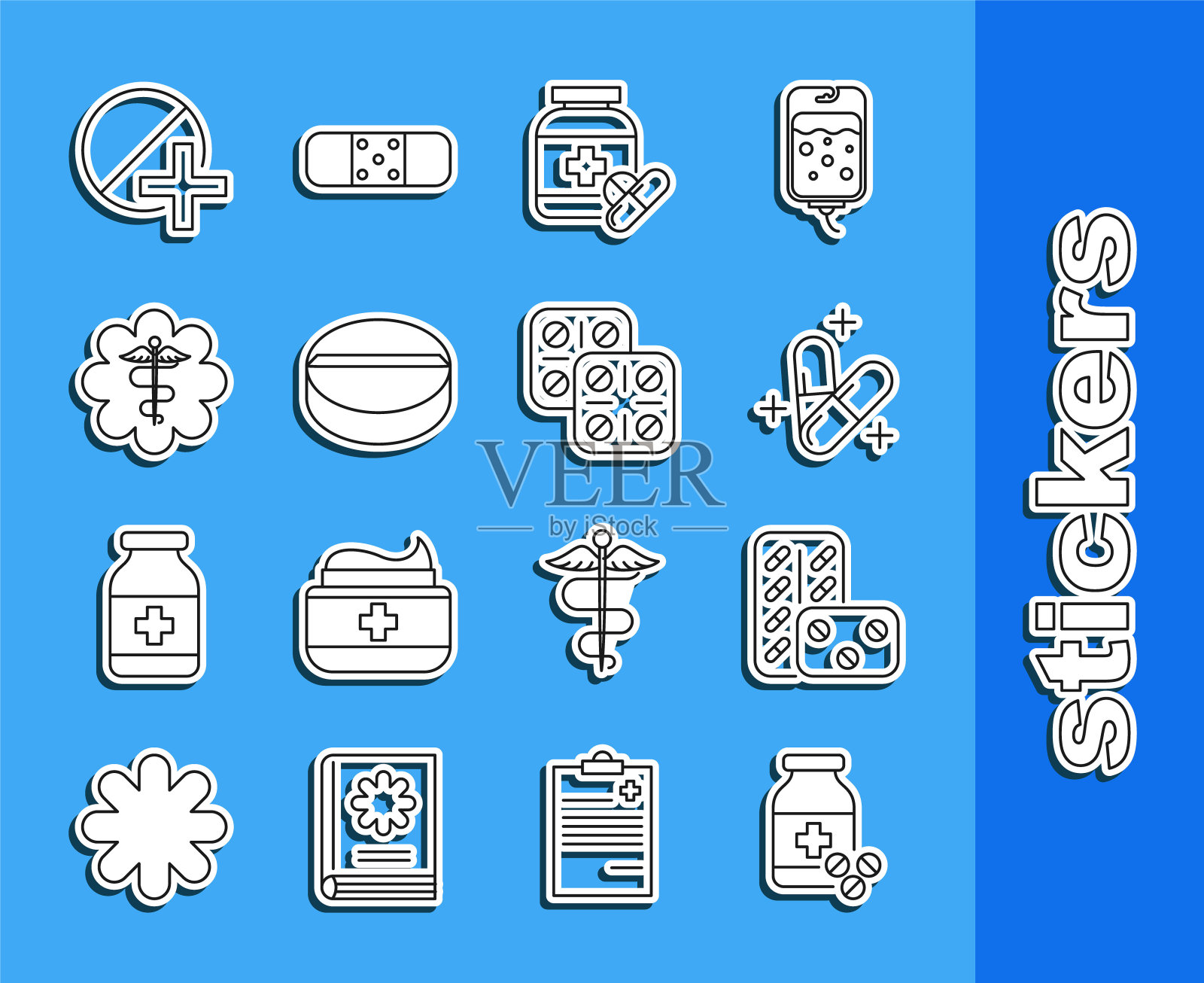 设置线药瓶和药丸，药丸吸塑包，或药片，紧急星医疗符号蛇杖，和图标。向量图标素材