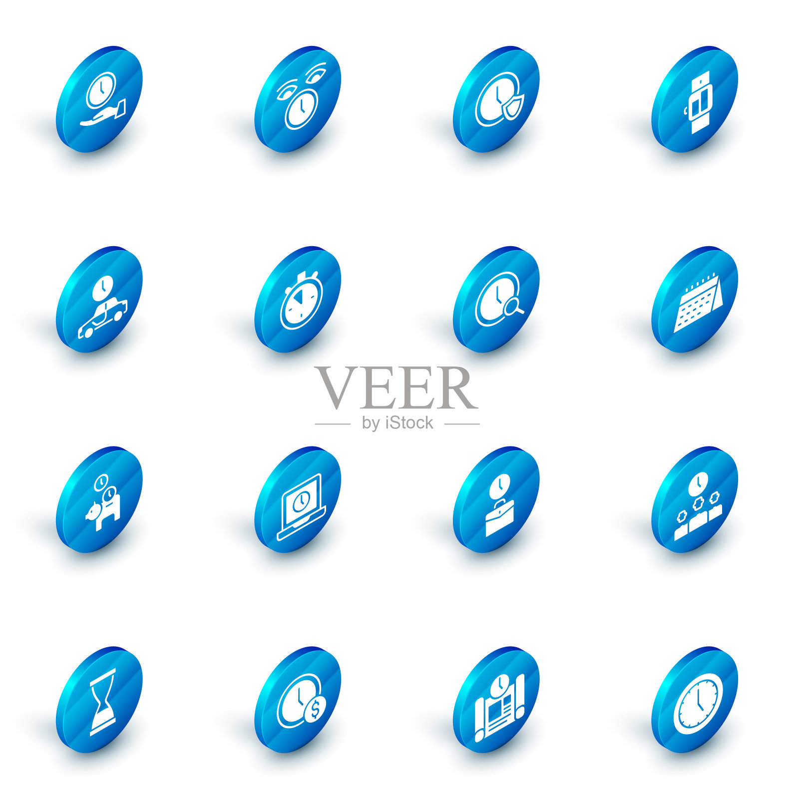 设置时钟，盾牌，智能手表，时间旅行，储蓄罐硬币，秒表，日历和放大镜时钟图标。向量图标素材