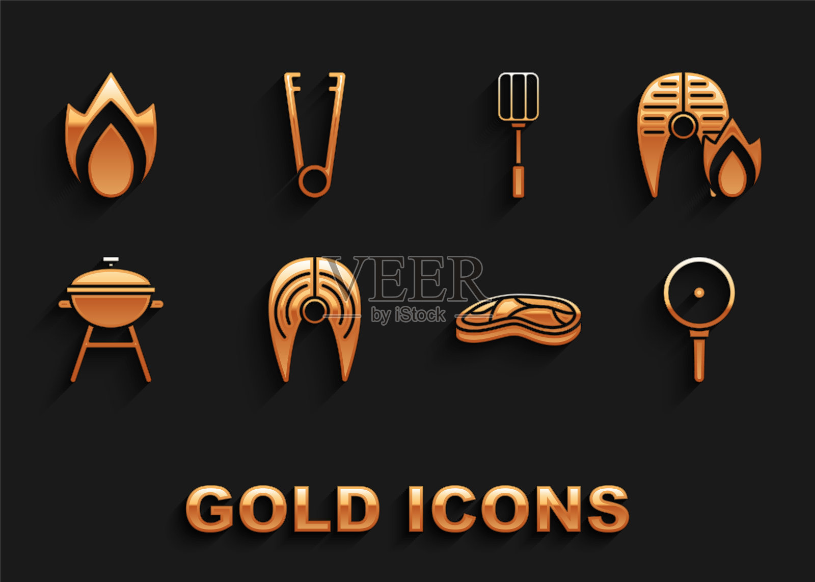 设置鱼排，烤鱼和火火焰，煎锅，牛排肉，烧烤烧烤，铲，火和肉钳图标。向量图标素材