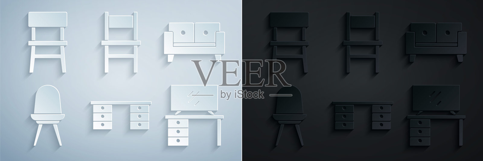 设置办公桌子，沙发，椅子，电视桌子，和图标。向量插画图片素材