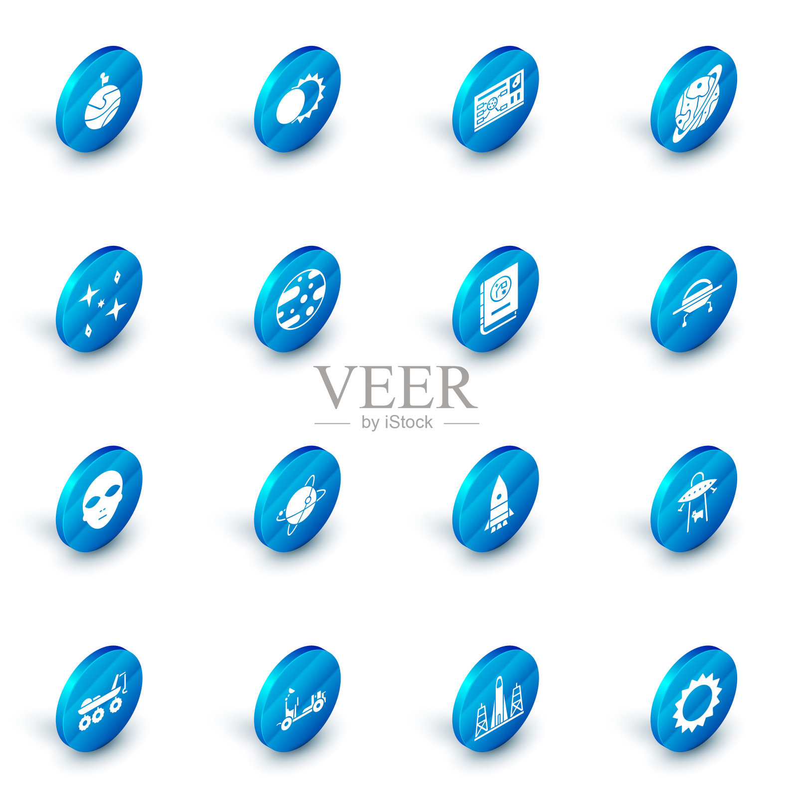 设置日食，未来hud界面，行星土星，陨星，外星人，火星，UFO飞行飞船和书的天文学图标。向量图标素材