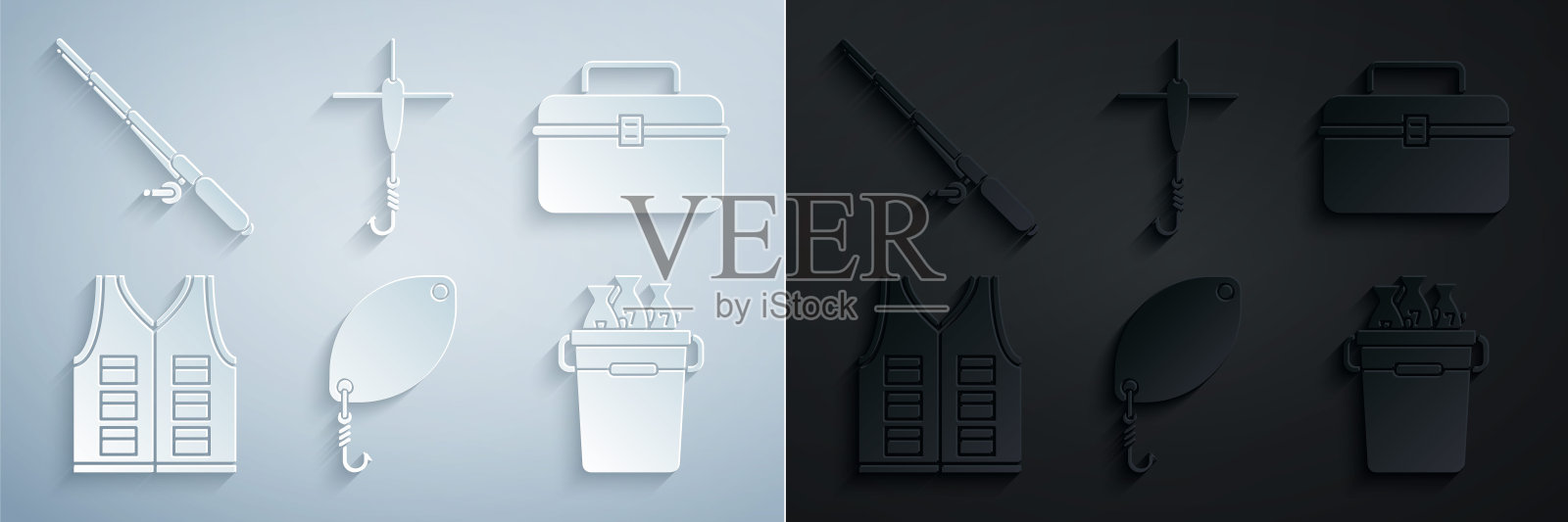 设置渔匙，箱或盒容器摆动器和渔具设备，夹克，桶鱼，钩浮子和钓竿图标。向量插画图片素材