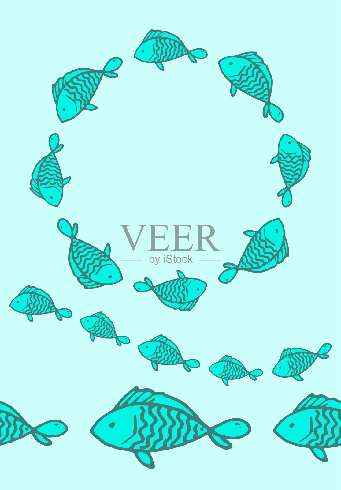 一套绿松石色的鱼架。涂鸦风格的蓝色卡通鱼，花环，黑色轮廓的曲线条插画图片素材