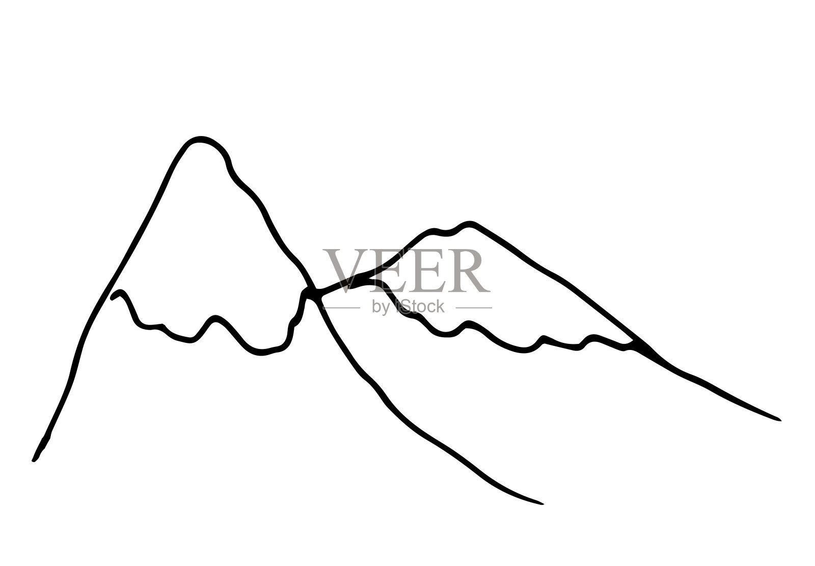 山雪岭。在白色上用黑色孤立线手工绘制的山峰。山的烟雾和雪帽是一个简单的涂鸦风格的手绘设计模板。景观有两个山峰和一个斜坡插画图片素材