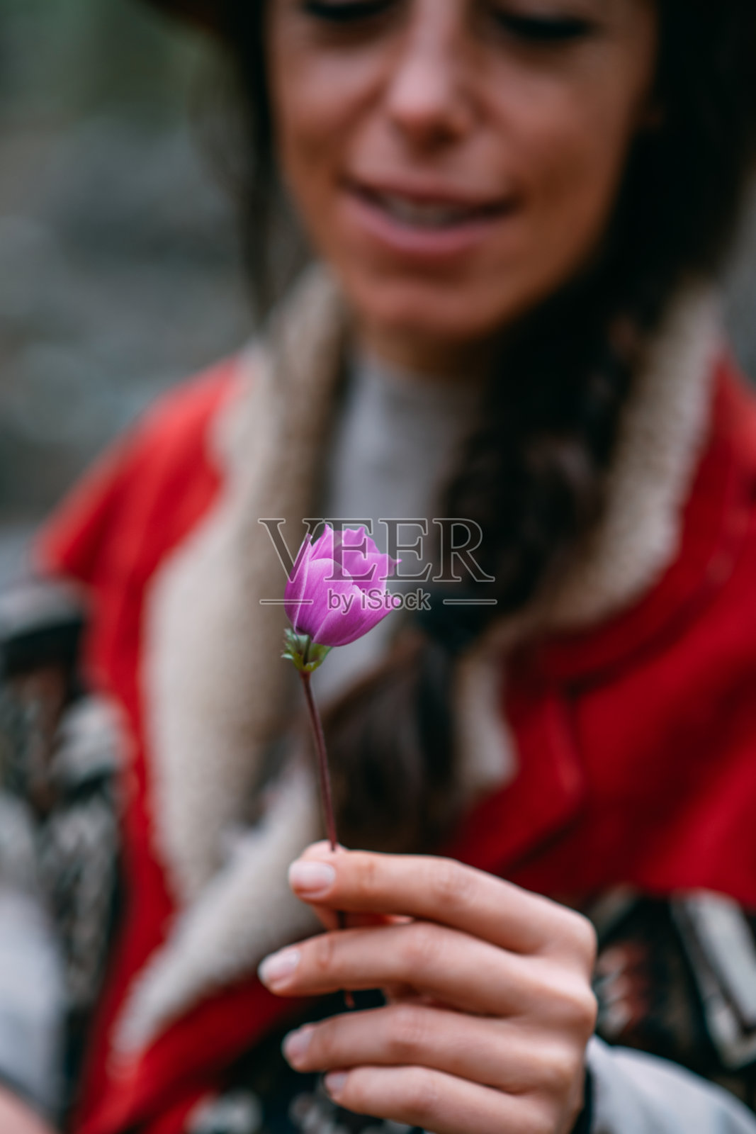 捧着粉红花的年轻女子照片摄影图片