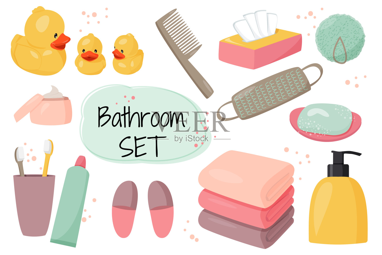 浴室设备卡通集合。矢量彩色插图。插画图片素材
