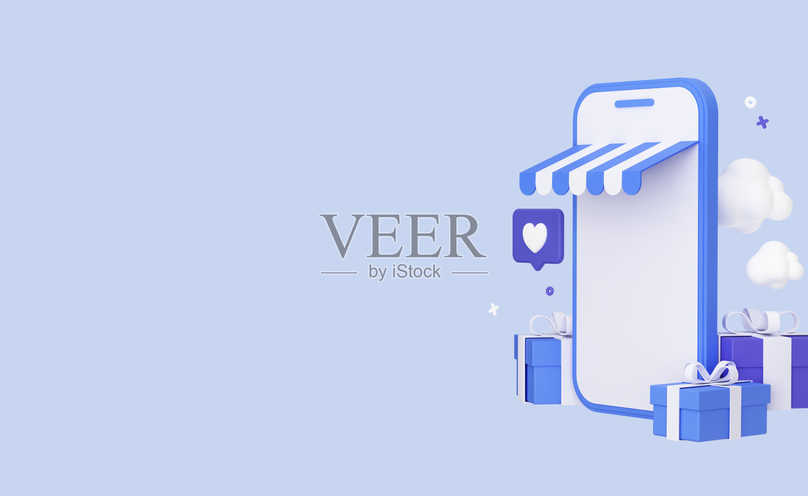 网上商店在电话与礼品盒。购物和购买概念。白色屏幕的智能手机。带有空复制空间的促销横幅模板。三维渲染照片摄影图片