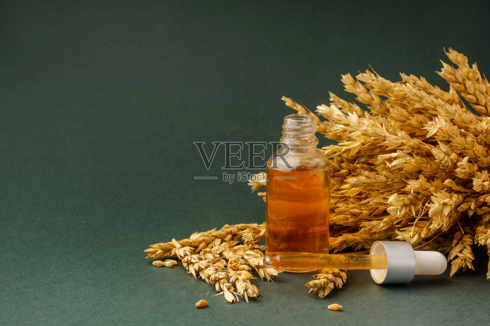 滴管瓶与小麦提取物附近的小麦穗白色背景。Eco-bio化妆品的概念。照片摄影图片