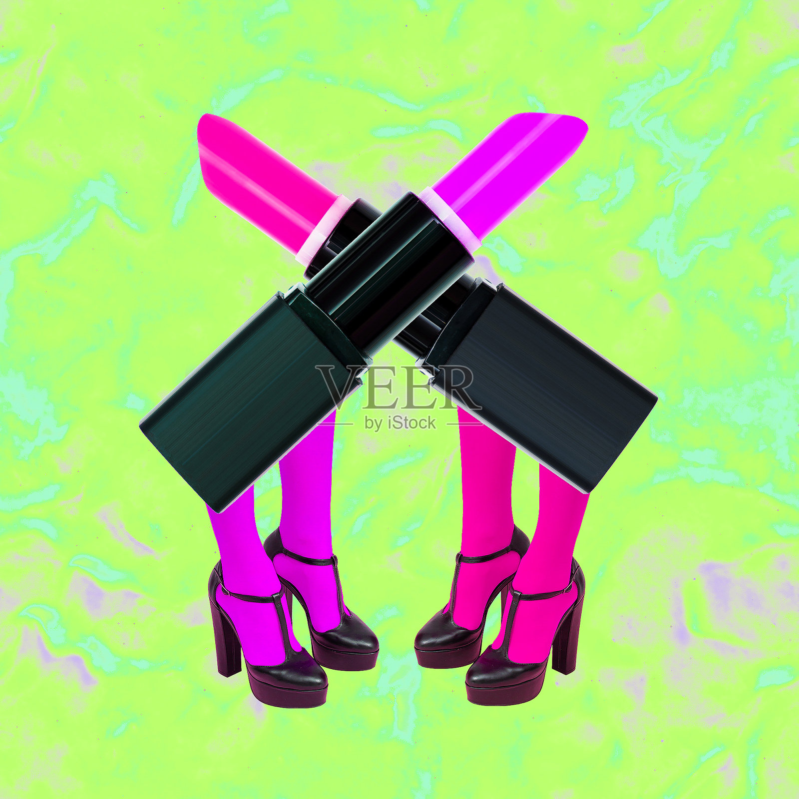 当代数字拼贴艺术。女士的腿在时尚优雅的鞋子和色彩丰富的口红头。化妆，化妆的时尚概念照片摄影图片